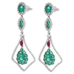 Kallati Emerald Diamond Ruby Halo Dangle Earsings - White Gold 9k 2.96ctw Floral