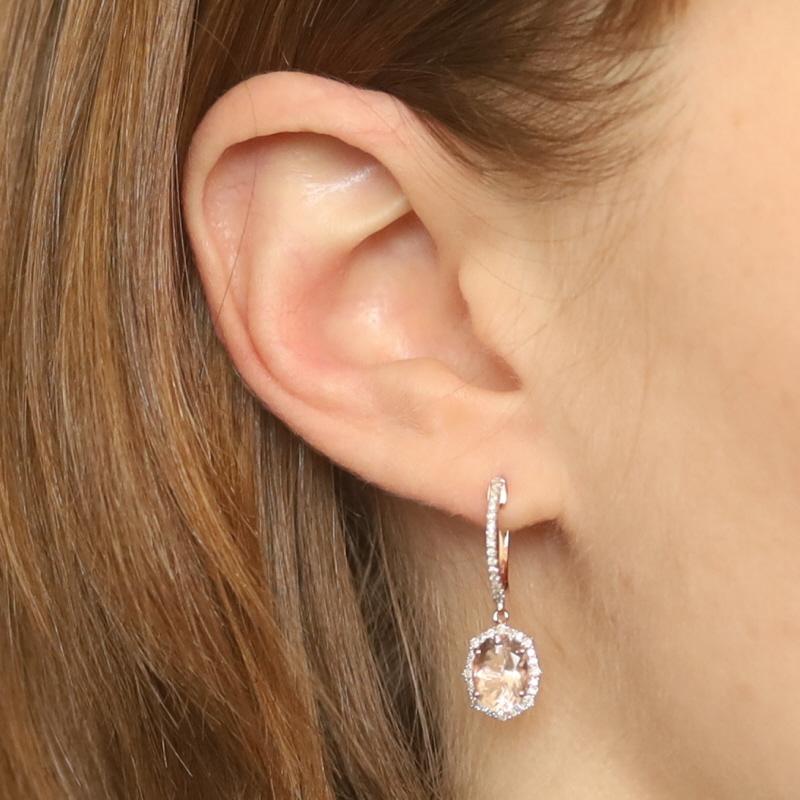 Oval Cut Kallati Morganite Diamond Huggie Hoop Halo Dangle Earrings -Rose Gold 9k 3.10ctw For Sale