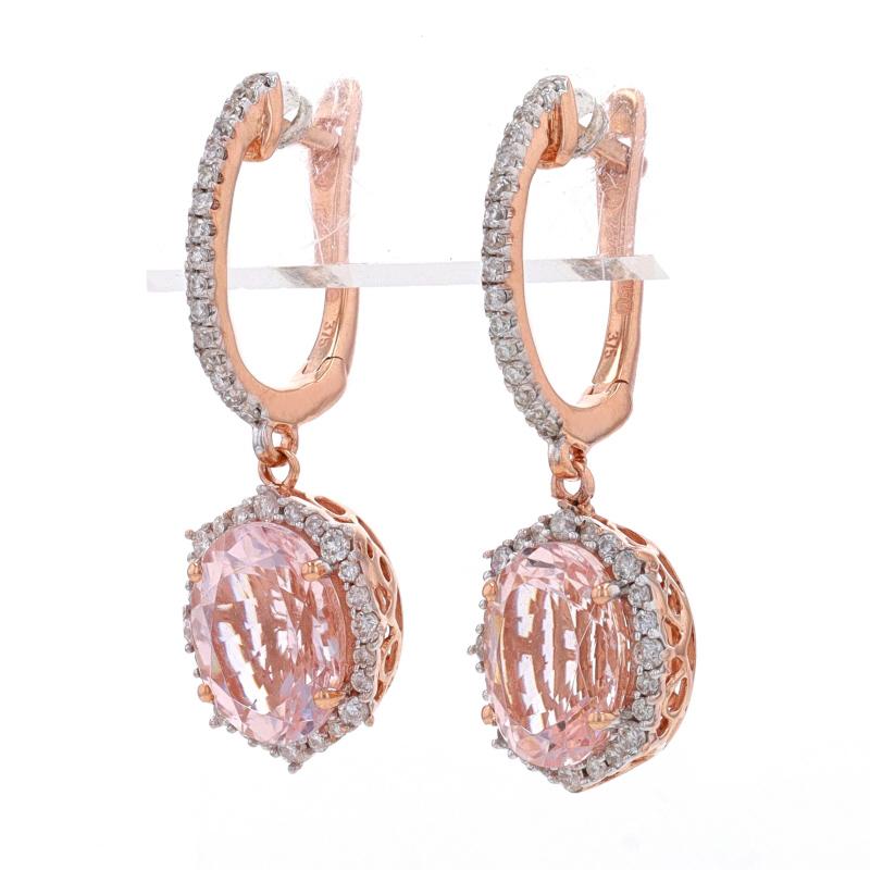 Kallati Morganite Diamond Huggie Hoop Halo Dangle Earrings -Rose Gold 9k 3.10ctw In New Condition For Sale In Greensboro, NC