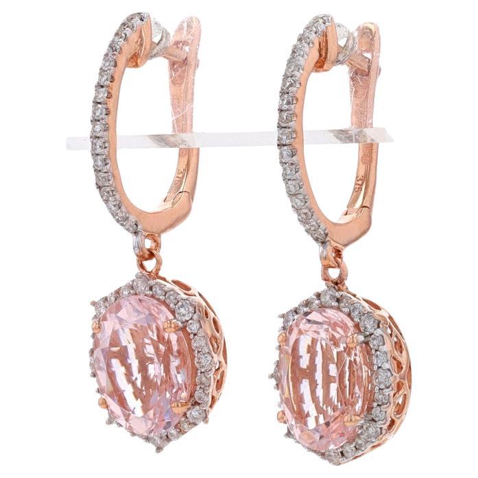 Kallati Morganite Diamond Huggie Hoop Halo Dangle Earrings -Rose Gold 9k 3.10ctw
