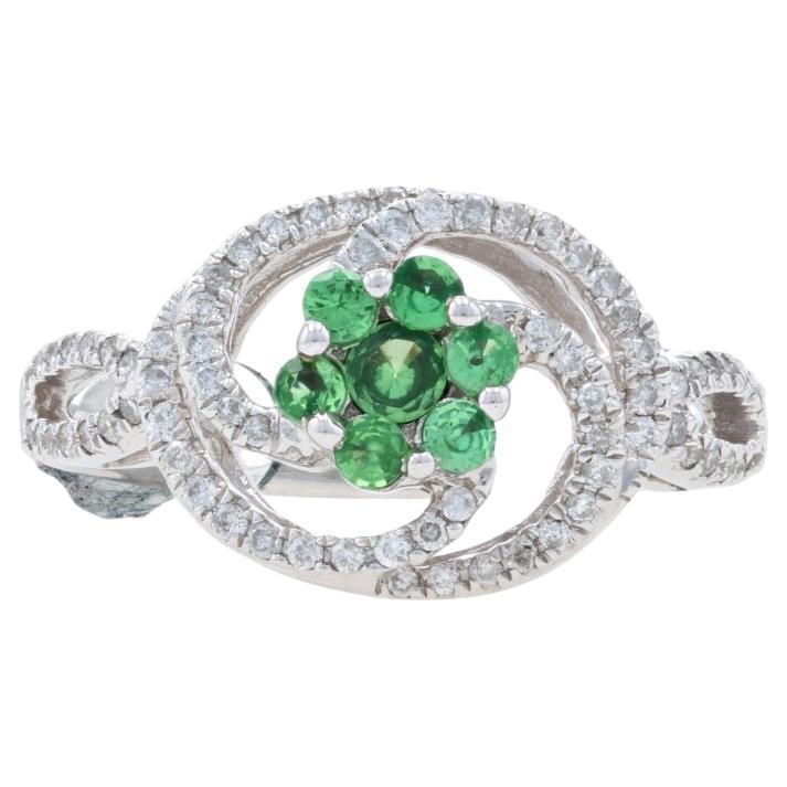 Kallati Tsavorite Garnet & Diamond Halo Ring - White Gold 9k .56ctw Floral Swirl For Sale