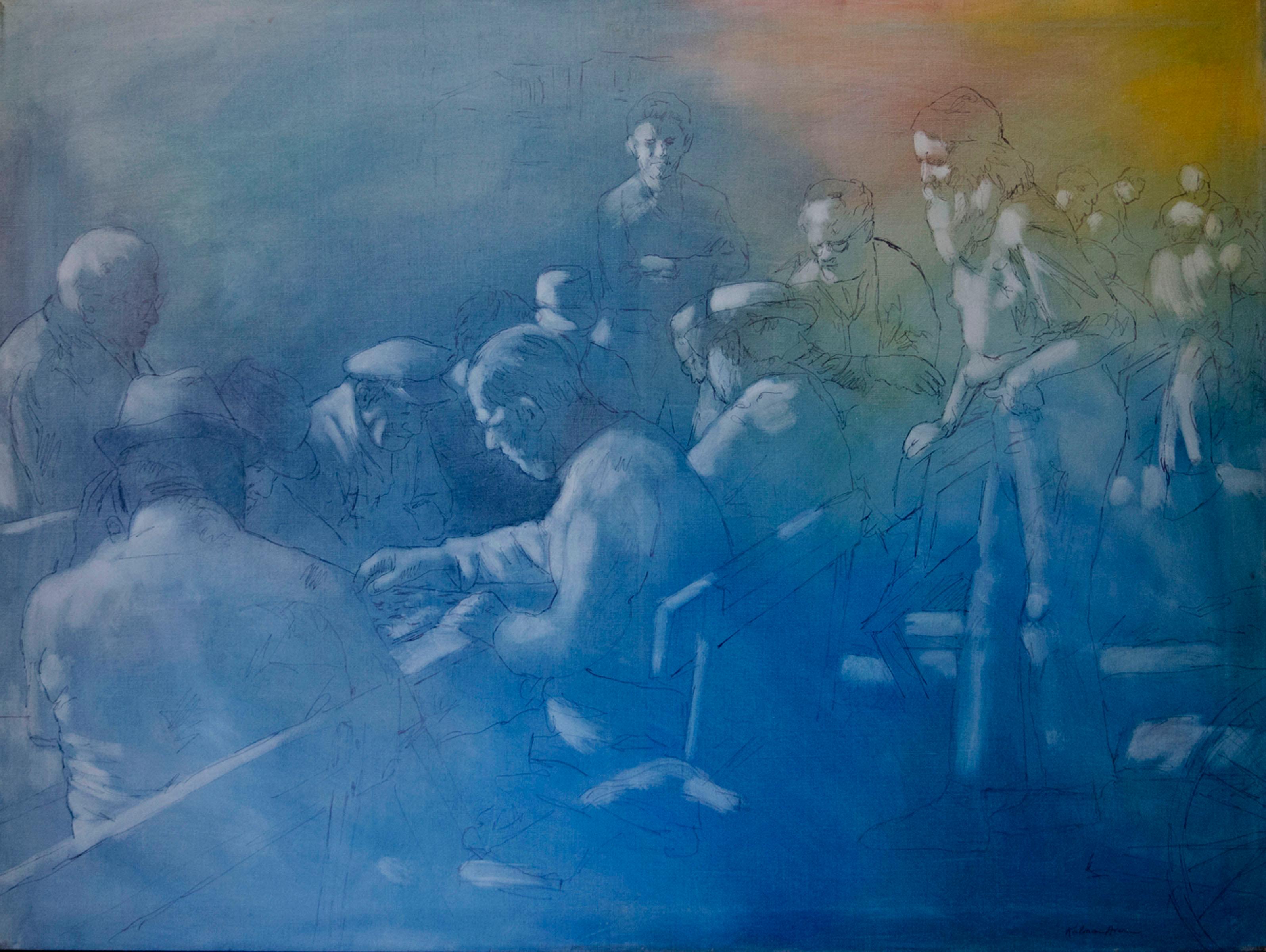 Kalman Aron Figurative Painting - A Gathering of Chess Players