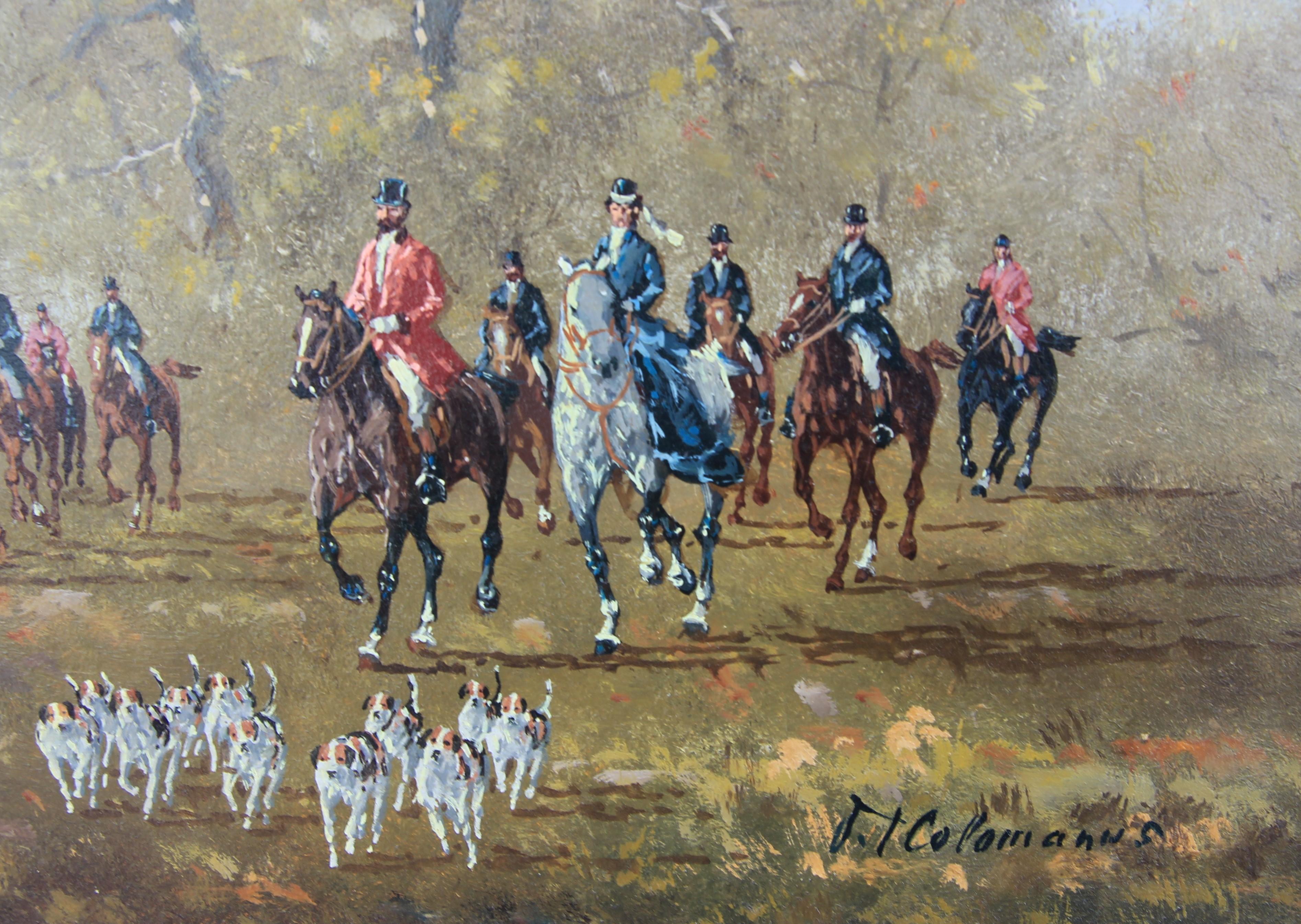Naturalistic figurative landscape painting by Hungarian artist Kalan Vecsey. The work features a well-dressed hunting party on their horses chasing their dogs that have caught the scent of an animal. Signed by artist in lower right corner. Currently