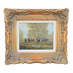 Vintage Naturalistic Figurative Landscape Painting of a Mounted Hunting Party with Dogs