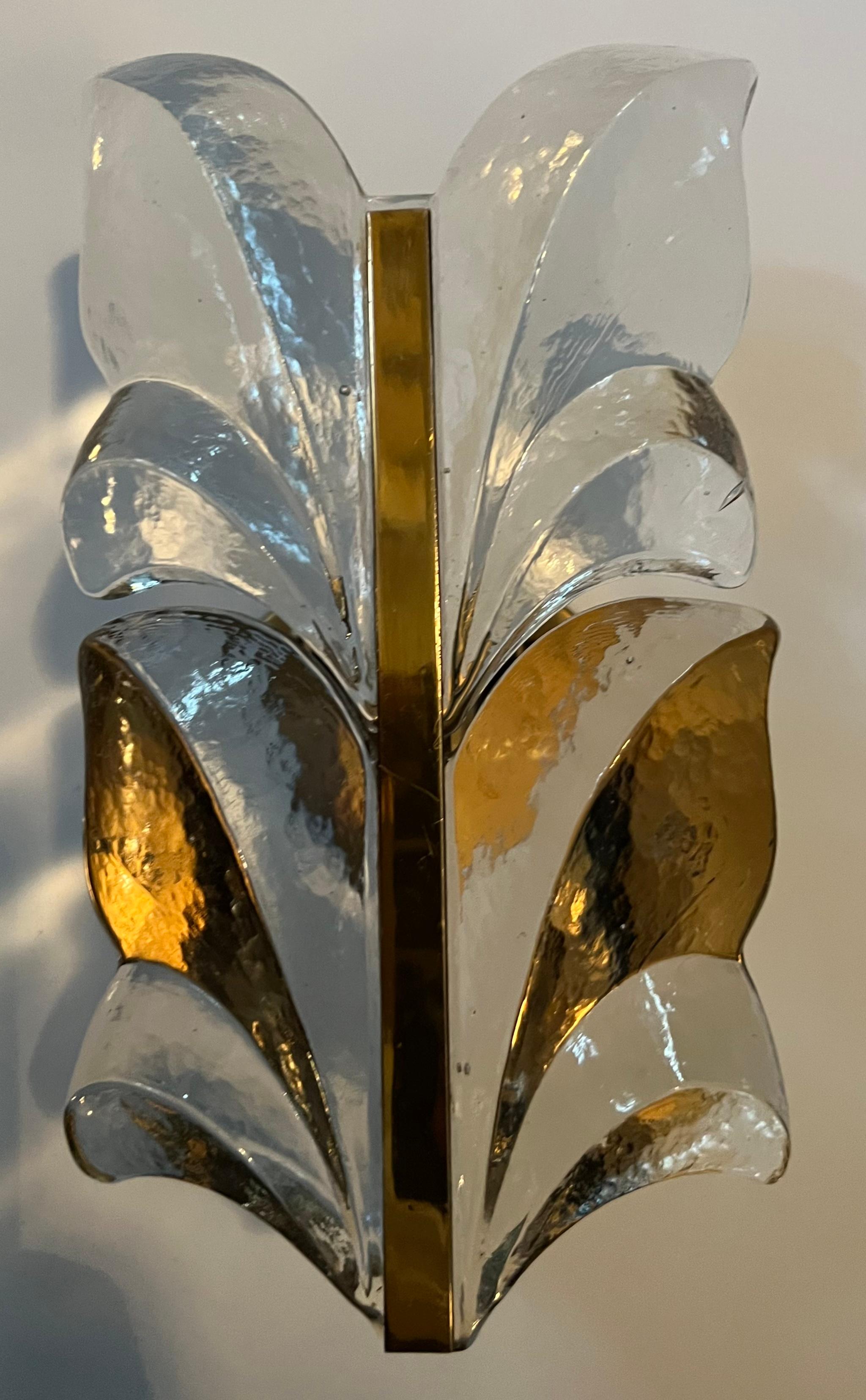 A luxurious 1950 Austrian Floral thick glass wall light by the famed lighting company, Kalmar. Rewired.