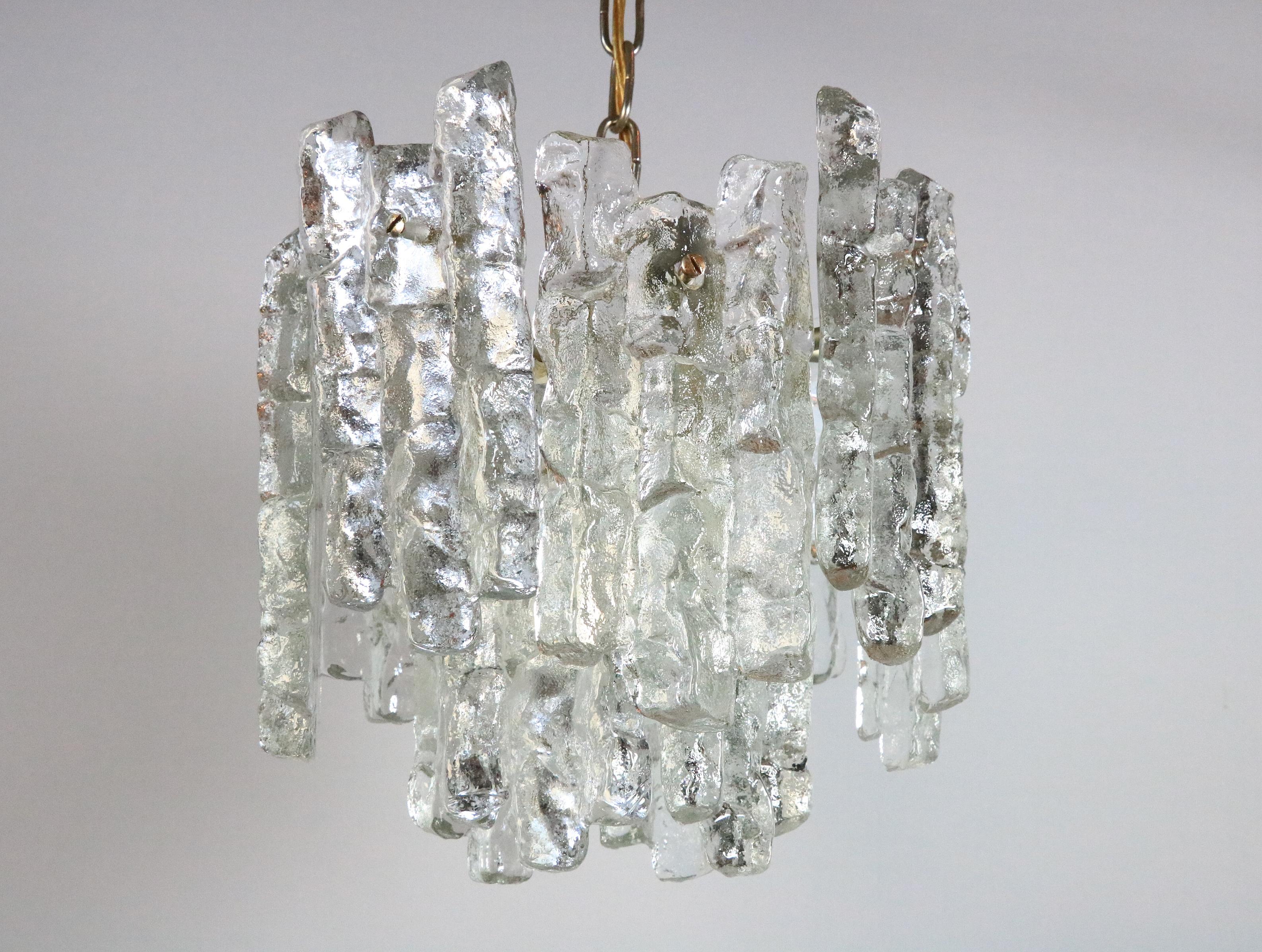 Mid-Century Modern KALMAR Austria Hanging Lamp, Chandelier, Ice Glass, 1970s For Sale