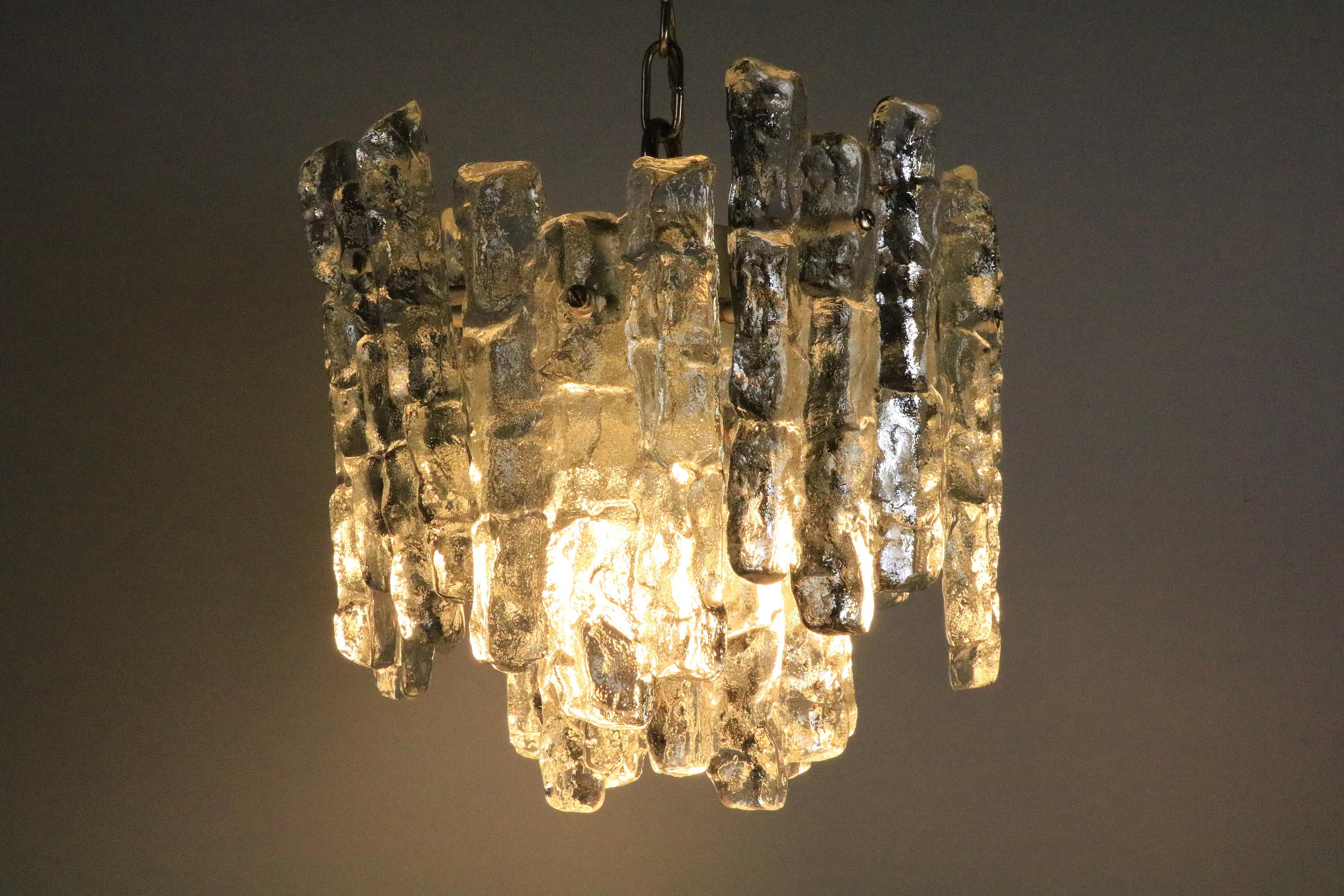 Metal KALMAR Austria Hanging Lamp, Chandelier, Ice Glass, 1970s For Sale