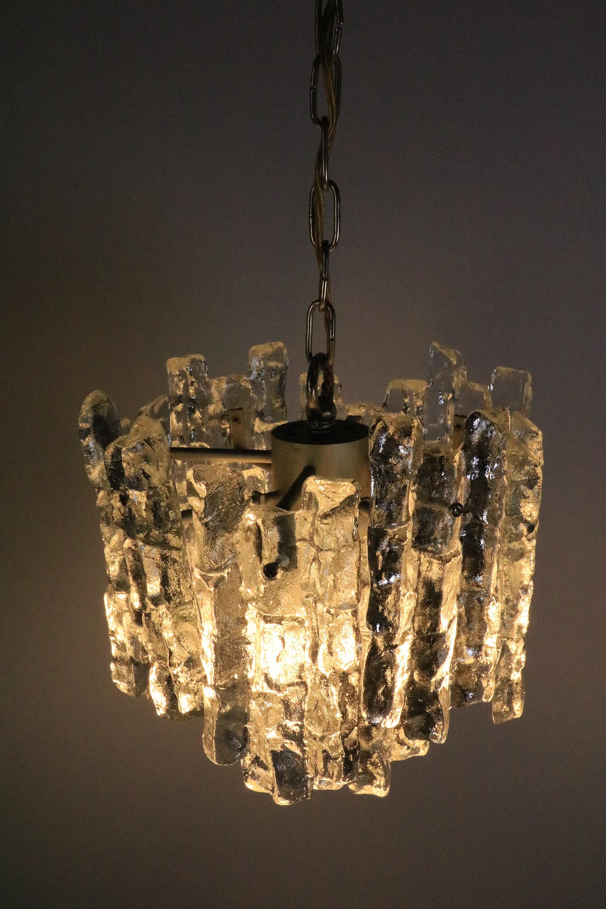 KALMAR Austria Hanging Lamp, Chandelier, Ice Glass, 1970s For Sale 1