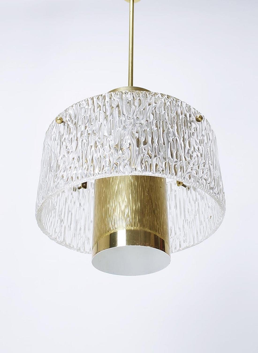 Metal Kalmar Brass Tube and Textured Glass Pendant, Austria, 1960s For Sale