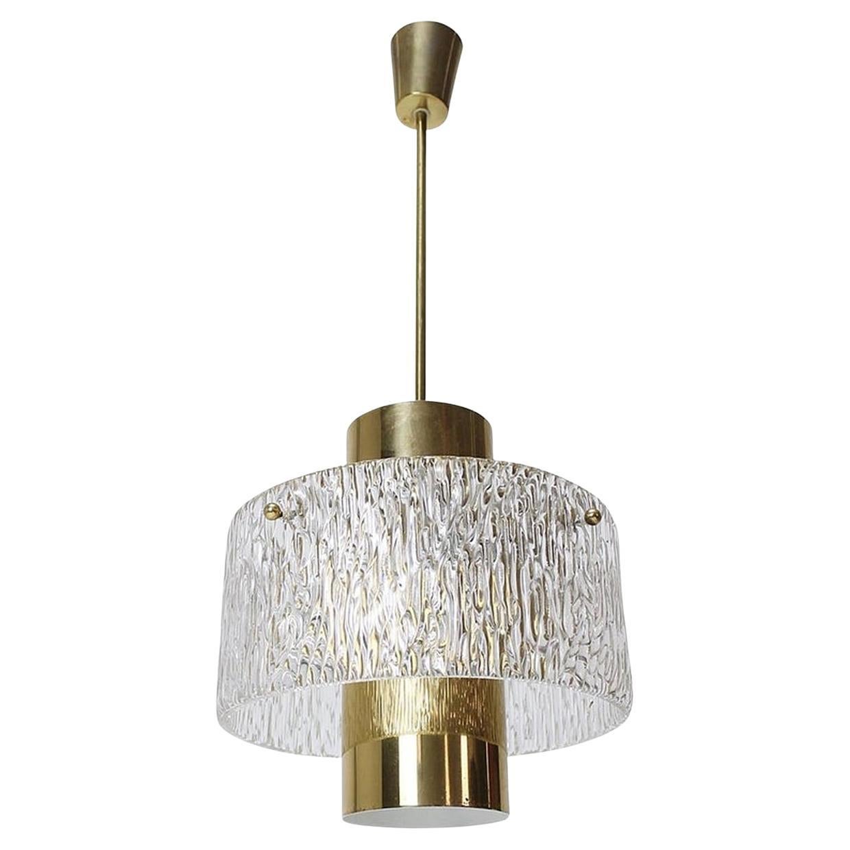 Kalmar Brass Tube and Textured Glass Pendant, Austria, 1960s