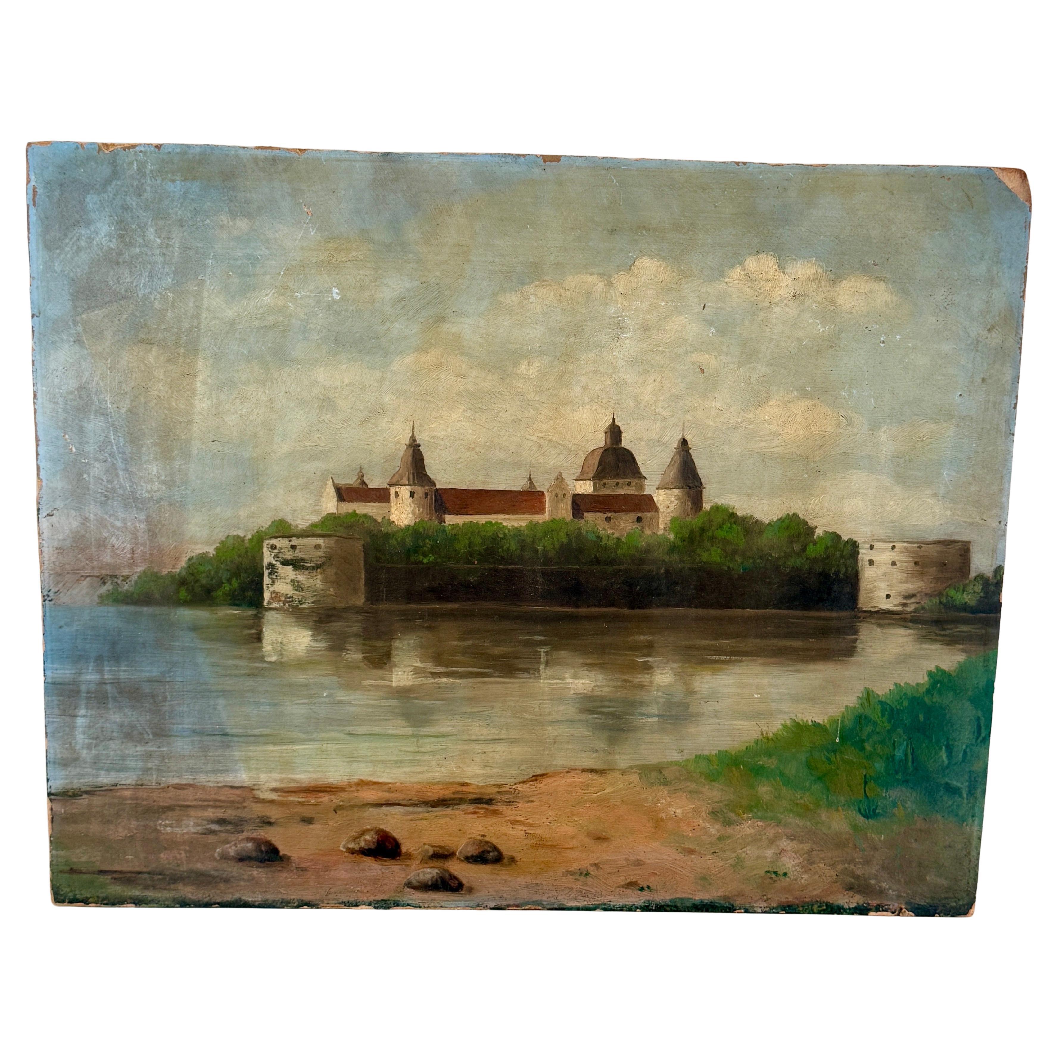 Kalmar Castle Landscape Architectural Oil Painting on Board, Sweden For Sale 5