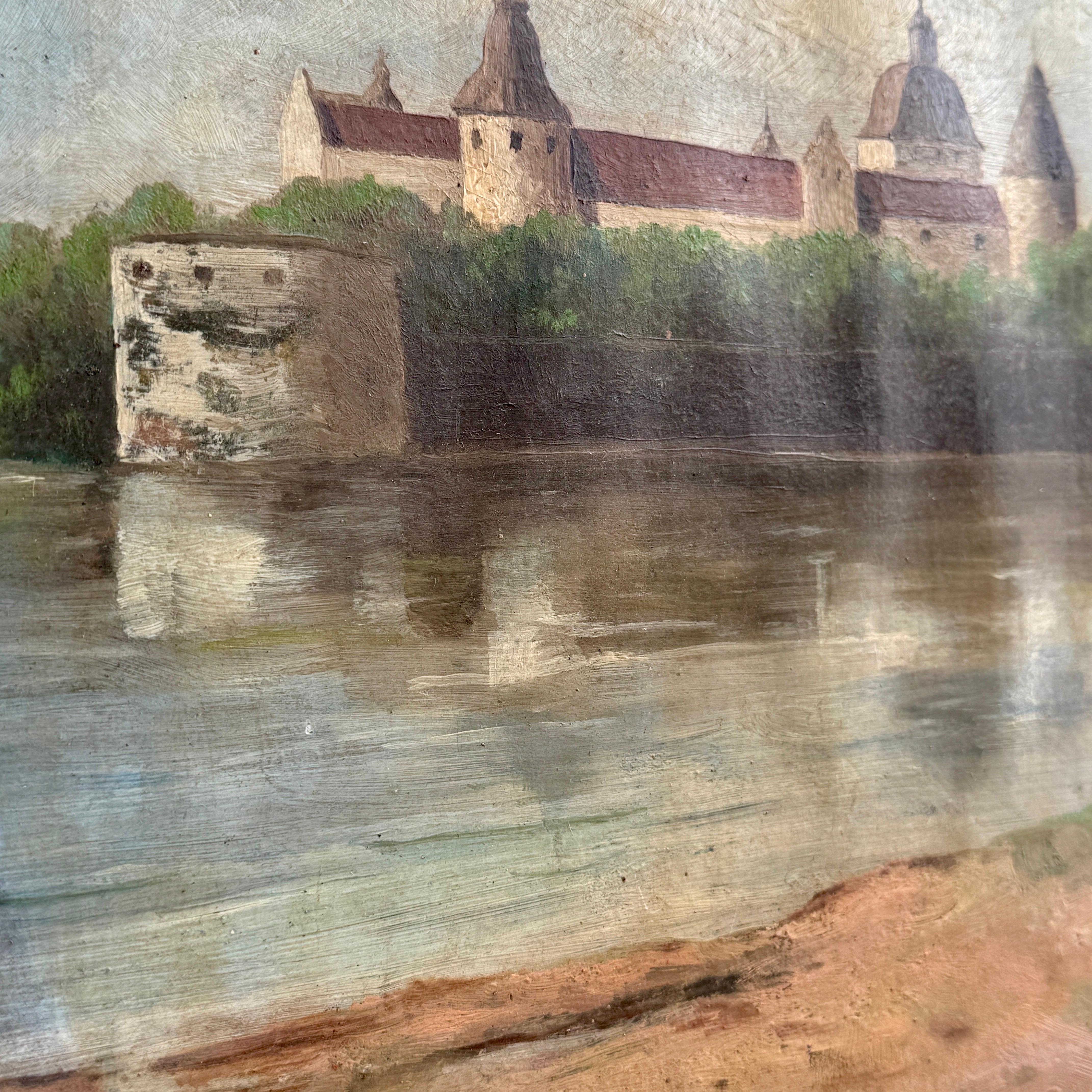 Kalmar Castle Landscape Architectural Oil Painting on Board, Sweden For Sale 6