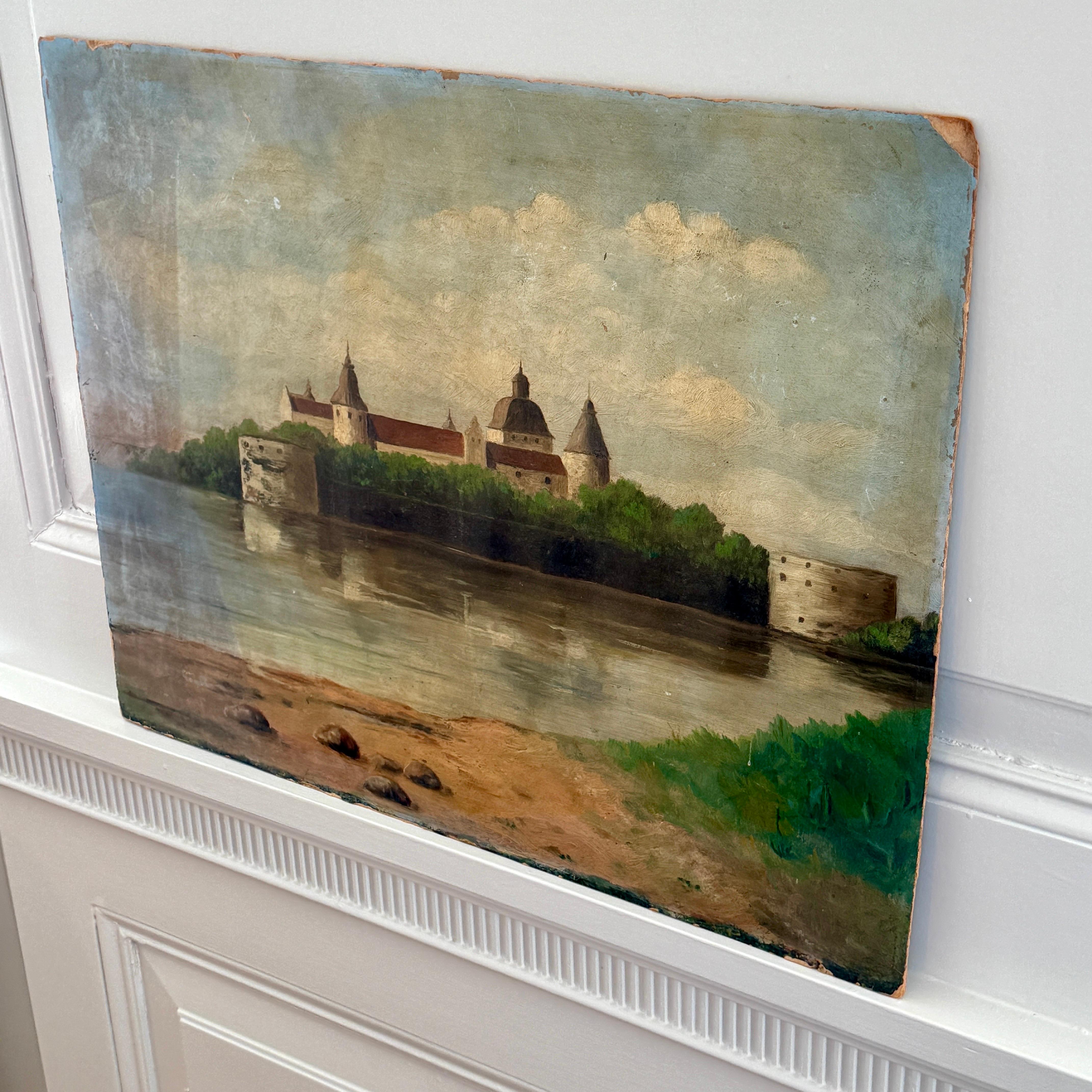 Baroque Kalmar Castle Landscape Architectural Oil Painting on Board, Sweden For Sale