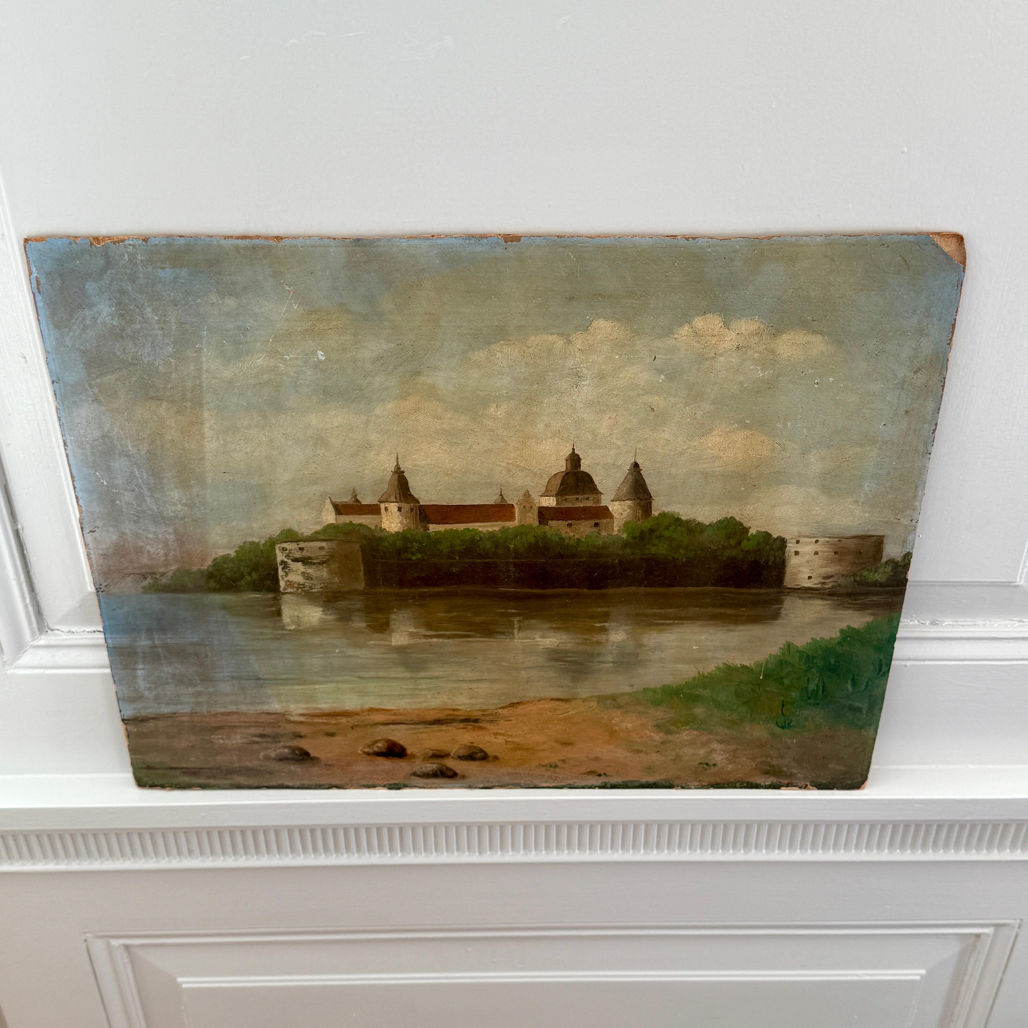 Swedish Kalmar Castle Landscape Architectural Oil Painting on Board, Sweden For Sale