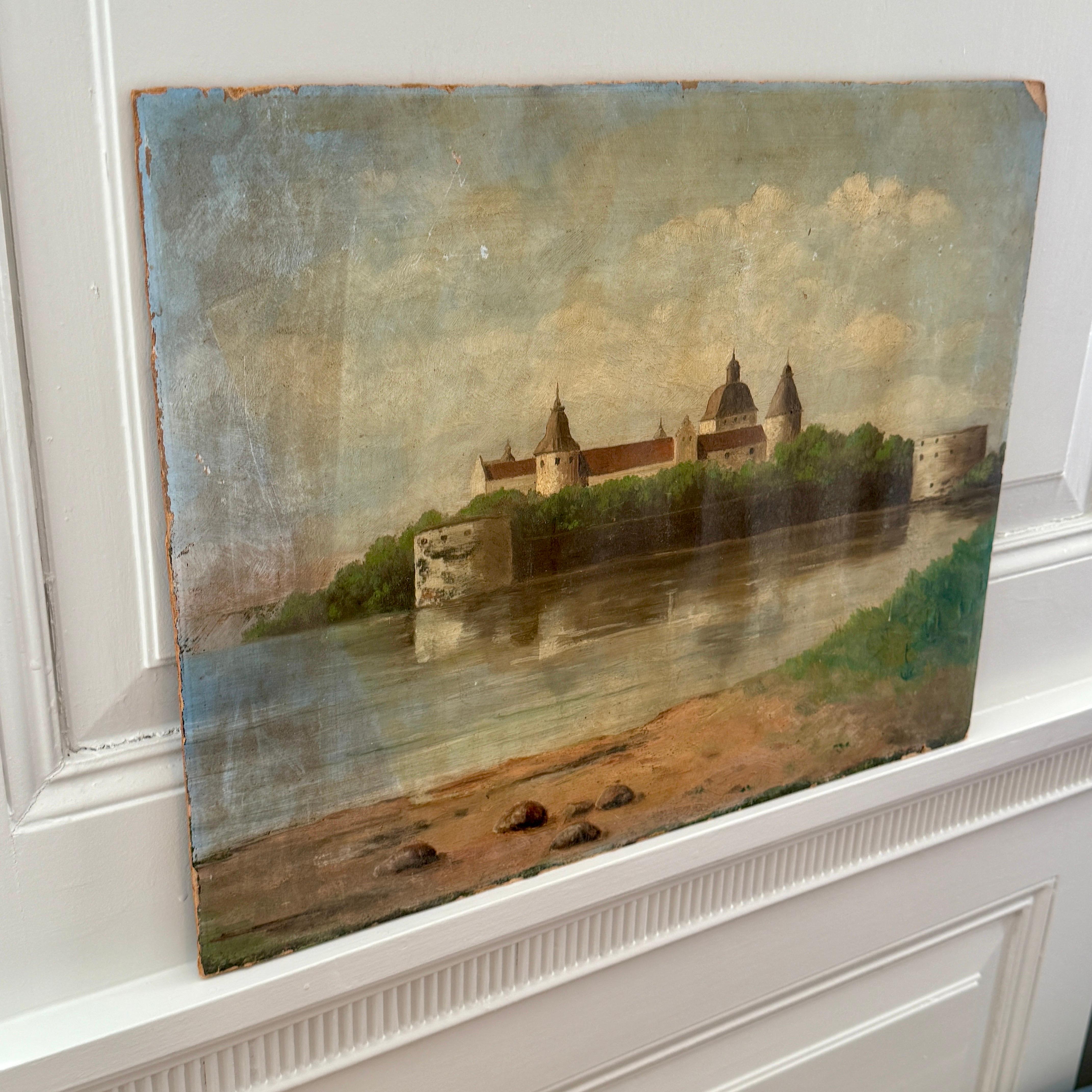Hand-Painted Kalmar Castle Landscape Architectural Oil Painting on Board, Sweden For Sale
