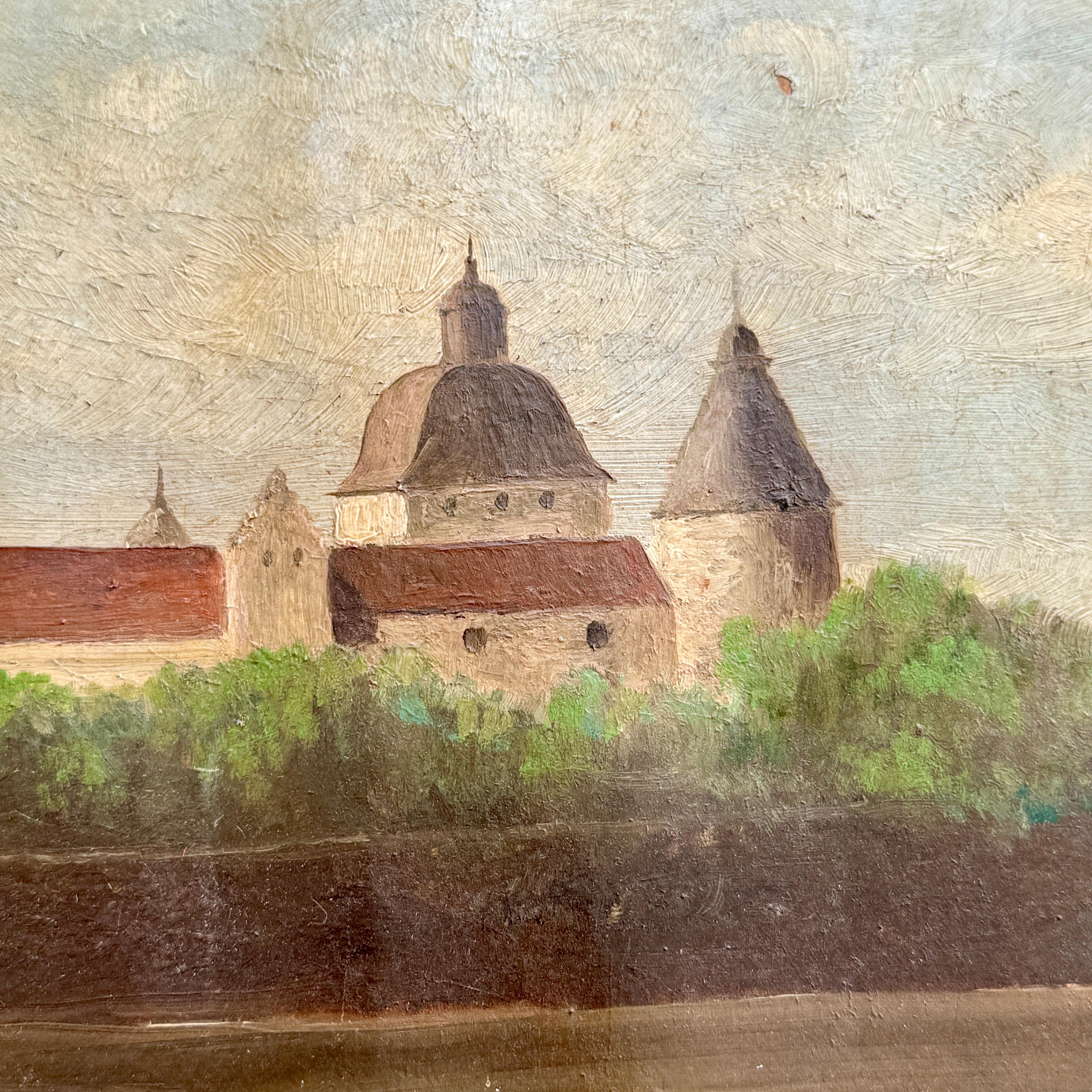 Kalmar Castle Landscape Architectural Oil Painting on Board, Sweden For Sale 1