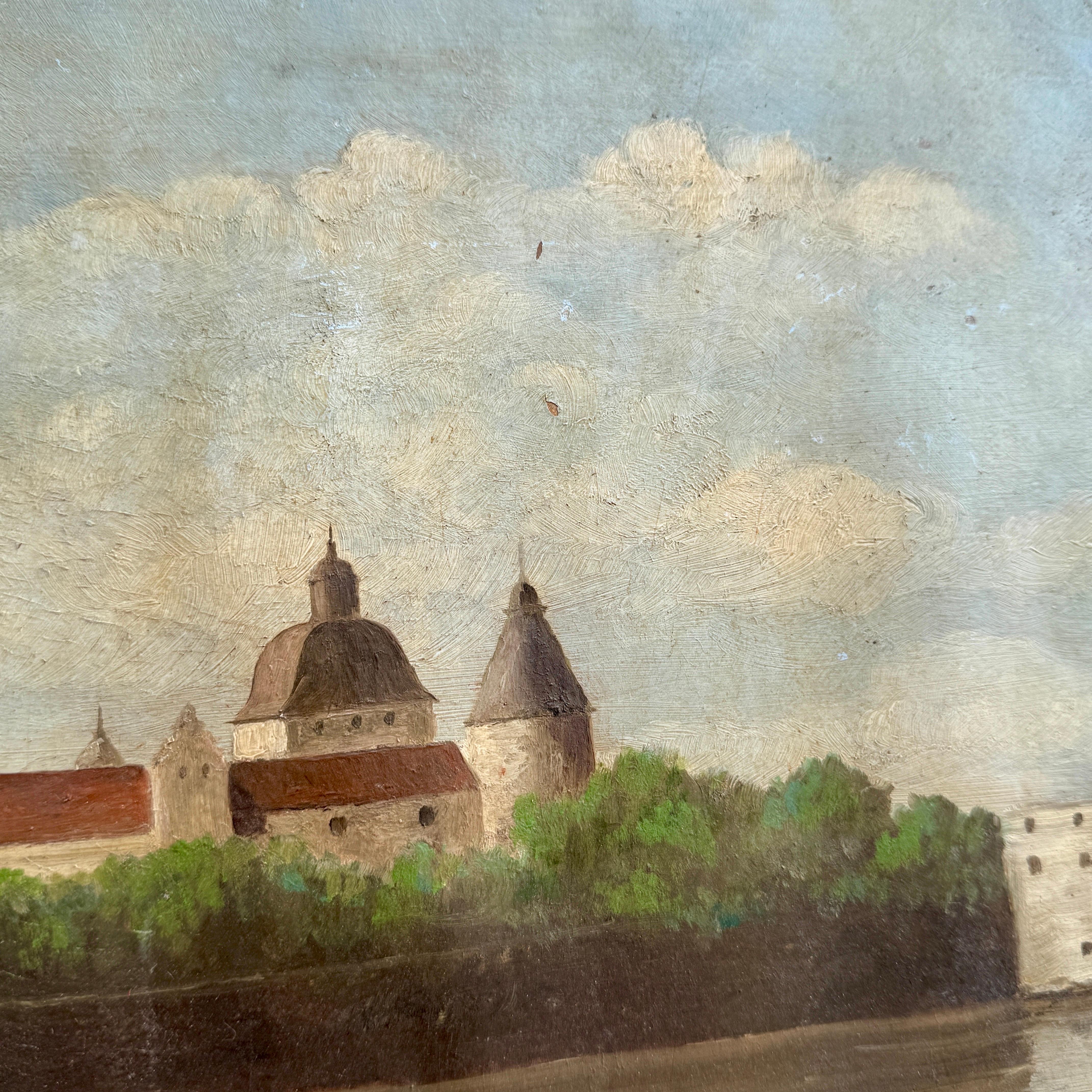 Kalmar Castle Landscape Architectural Oil Painting on Board, Sweden For Sale 2