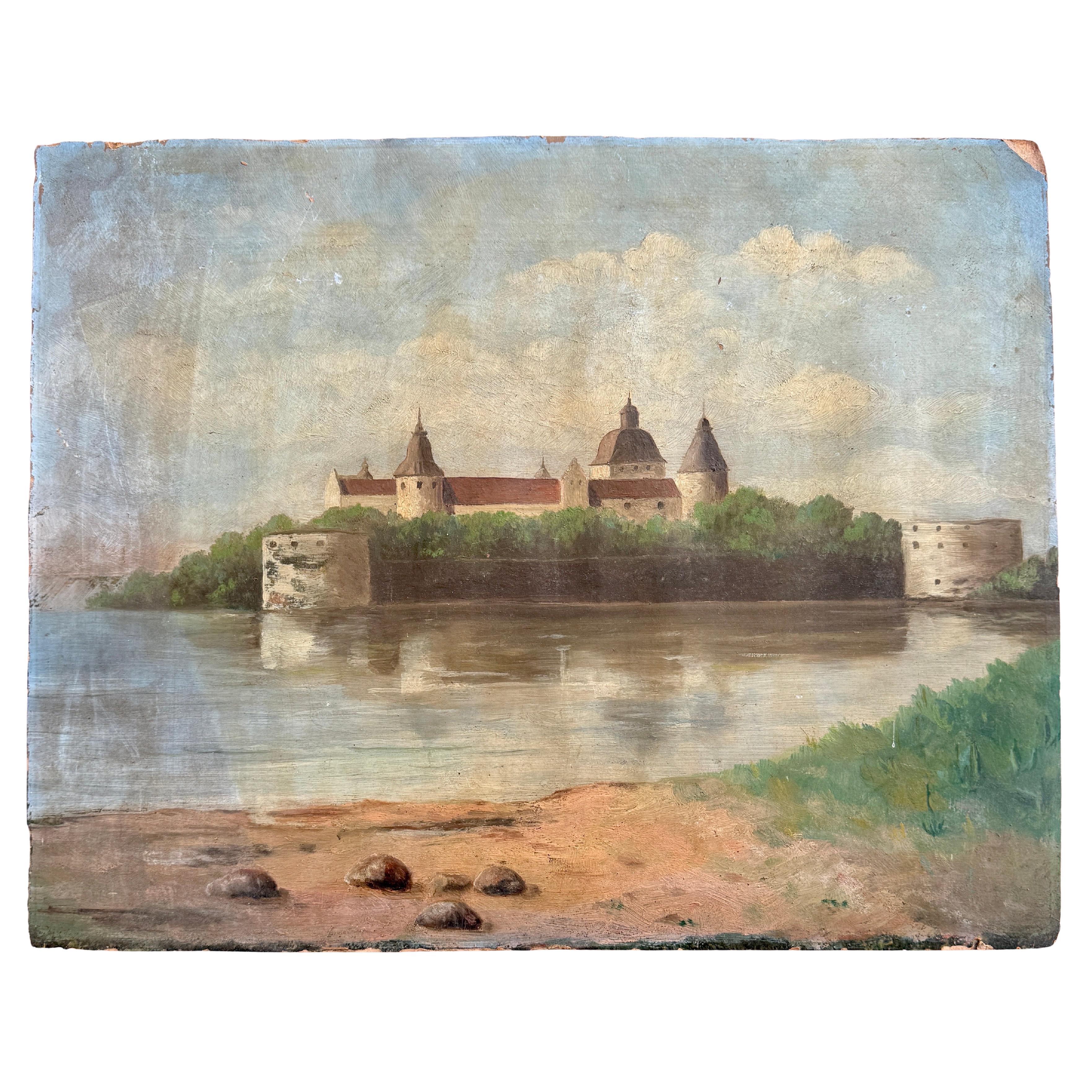 Kalmar Castle Landscape Architectural Oil Painting on Board, Sweden For Sale