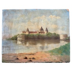 Kalmar Castle Landscape Architectural Oil Painting on Board, Sweden