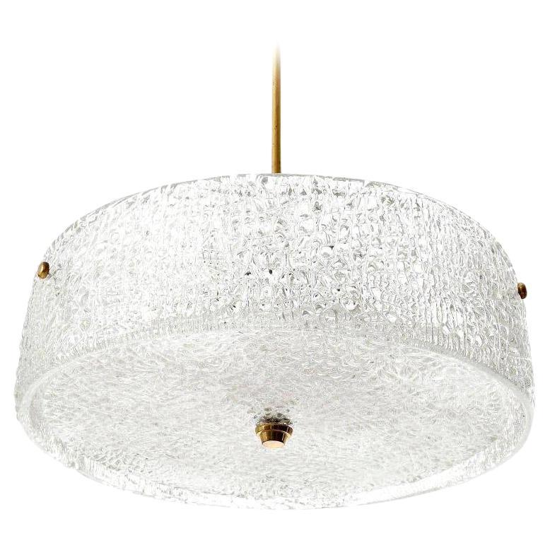 Kalmar Chandelier Light Fixture, Textured Glass and Brass, 1960 For Sale