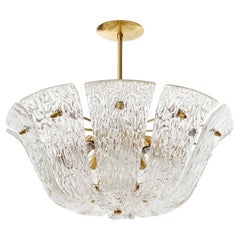 Kalmar Chandelier or Flush Mount Light Brass Curved Textured Glass, 1960, 1 of 3
