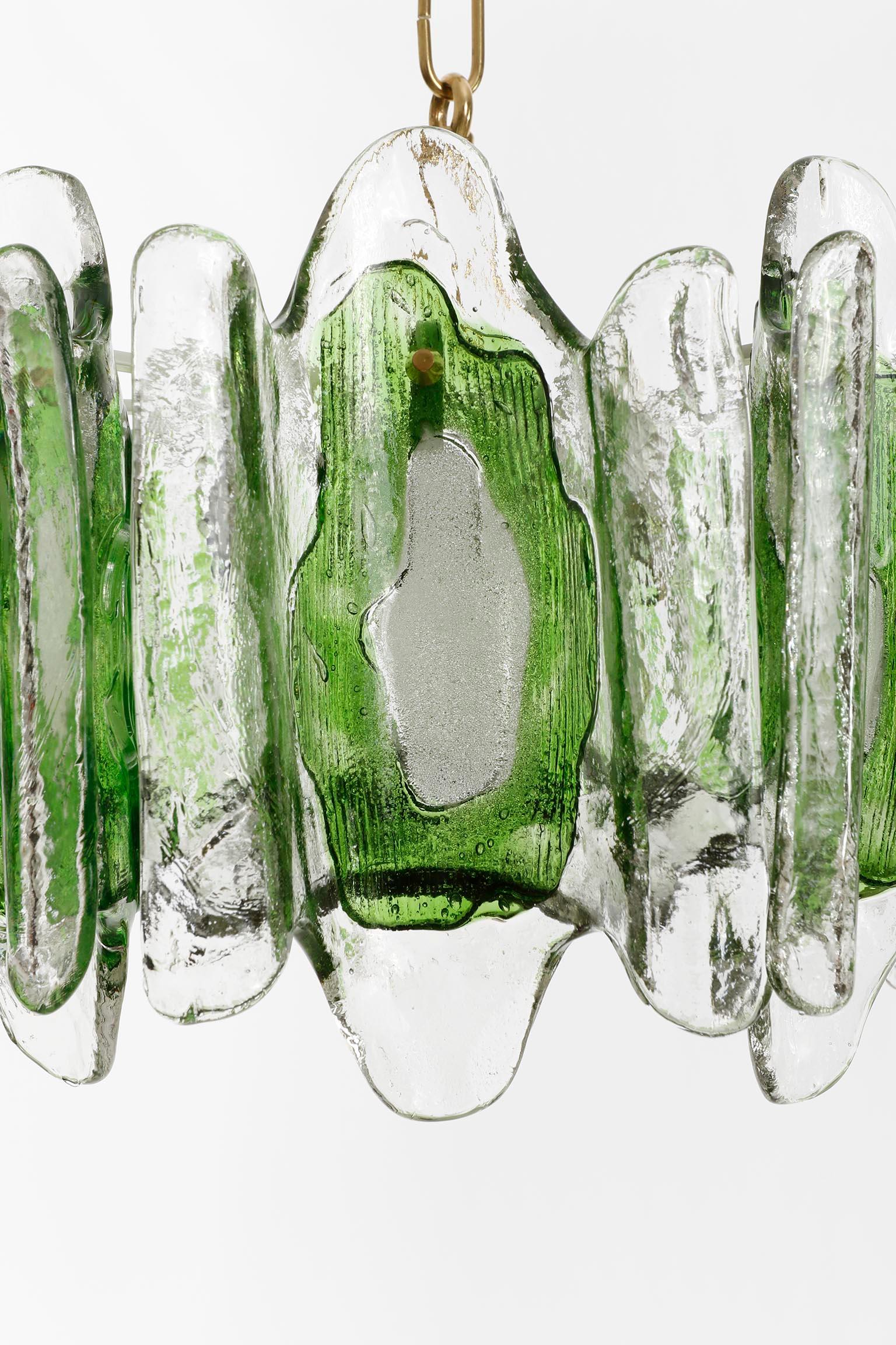 Kalmar Chandelier Pendant Light Fixture, Green Clear Murano Glass Brass, 1970s 3
