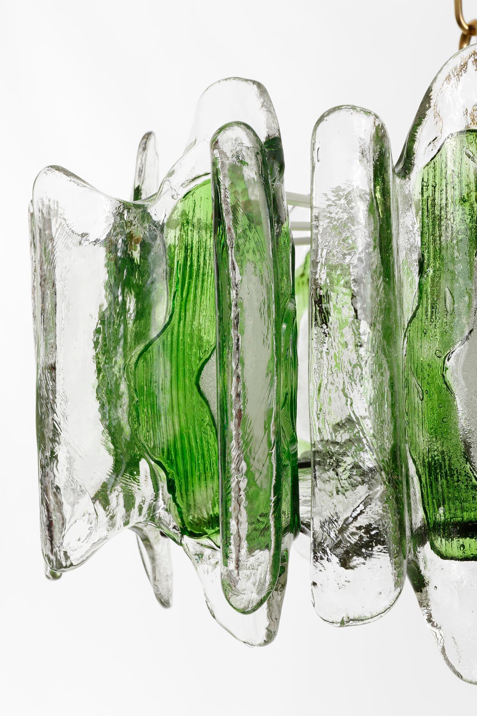 Kalmar Chandelier Pendant Light Fixture, Green Clear Murano Glass Brass, 1970s 4