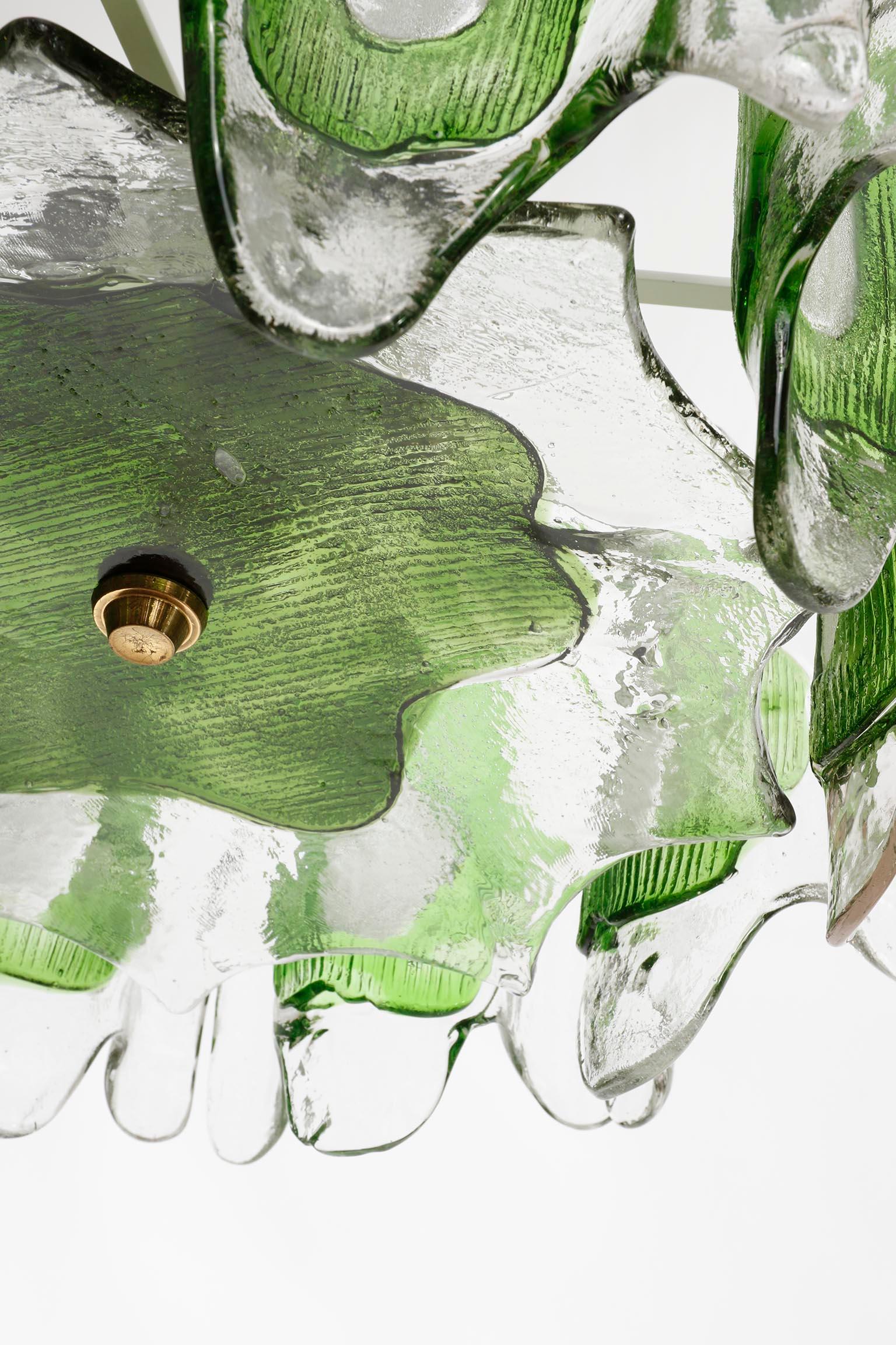 Kalmar Chandelier Pendant Light Fixture, Green Clear Murano Glass Brass, 1970s 5