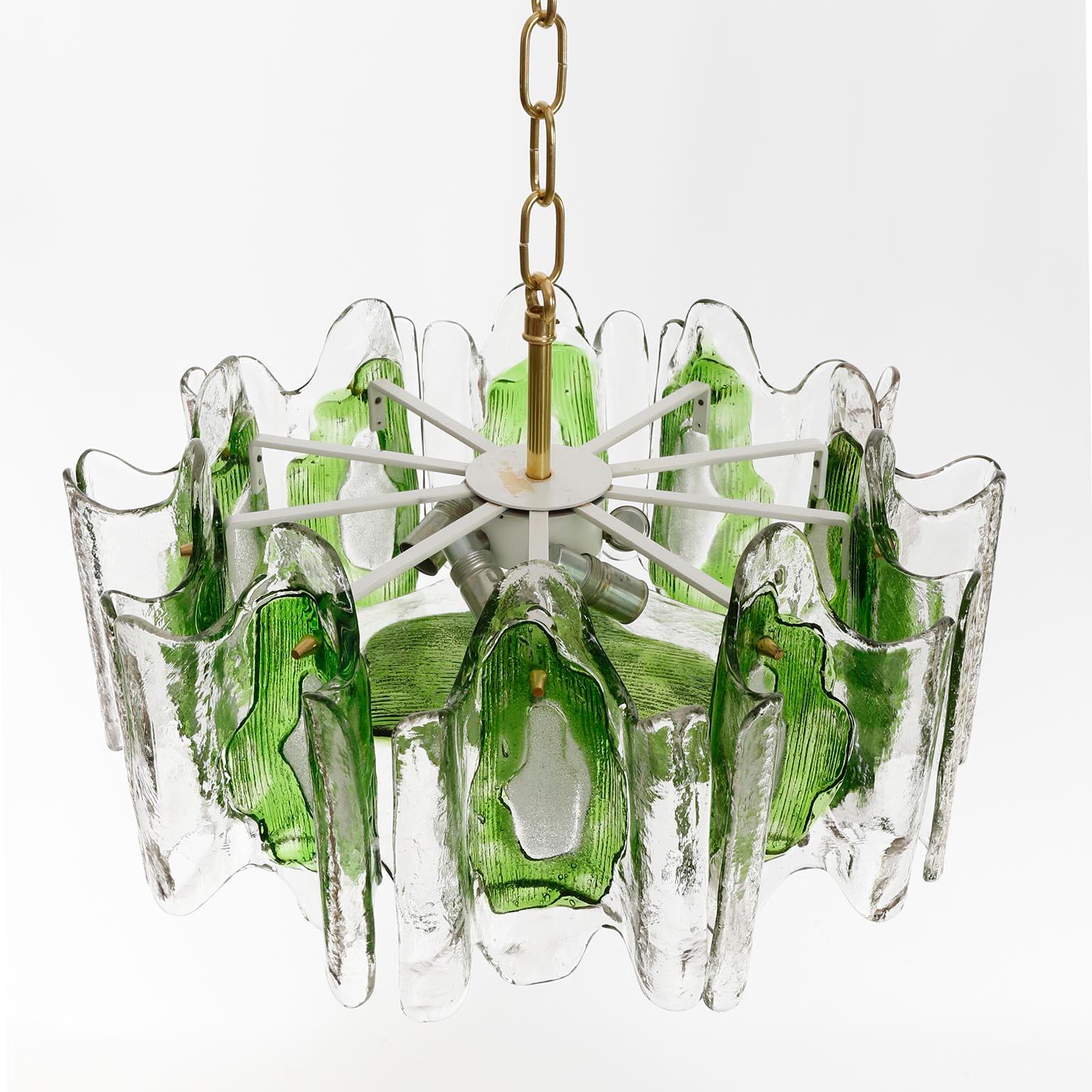 Mid-Century Modern Kalmar Chandelier Pendant Light Fixture, Green Clear Murano Glass Brass, 1970s