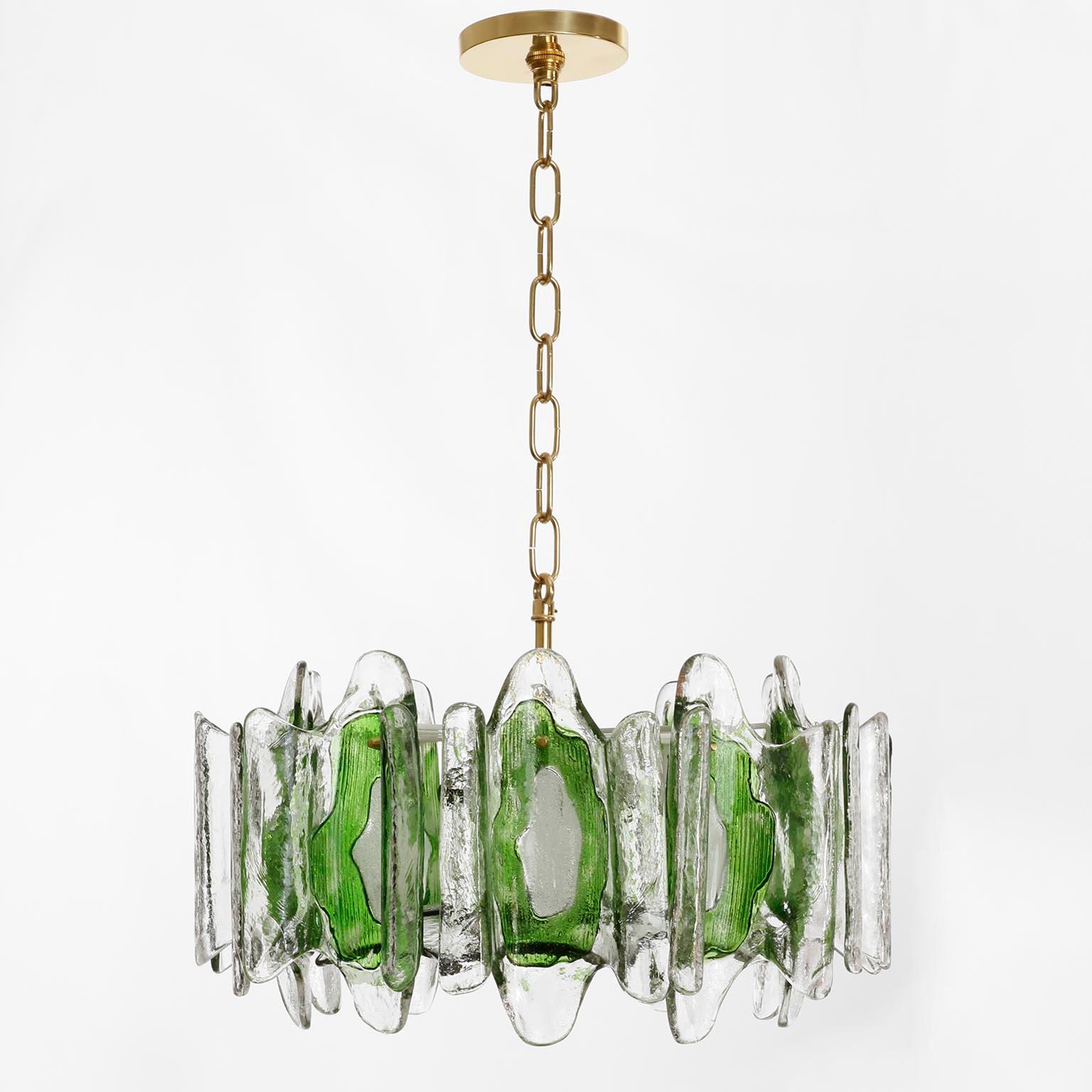 Austrian Kalmar Chandelier Pendant Light Fixture, Green Clear Murano Glass Brass, 1970s