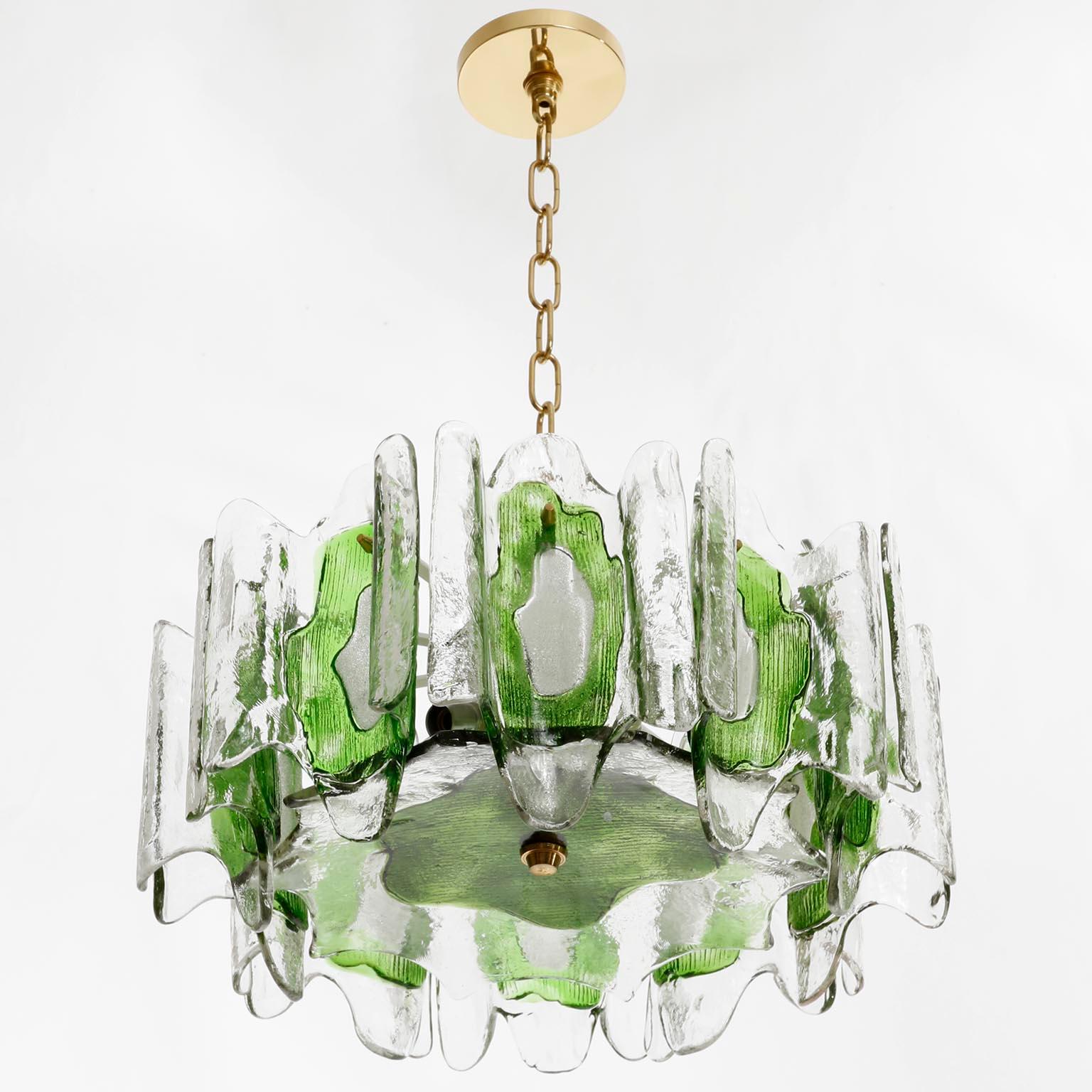 Late 20th Century Kalmar Chandelier Pendant Light Fixture, Green Clear Murano Glass Brass, 1970s