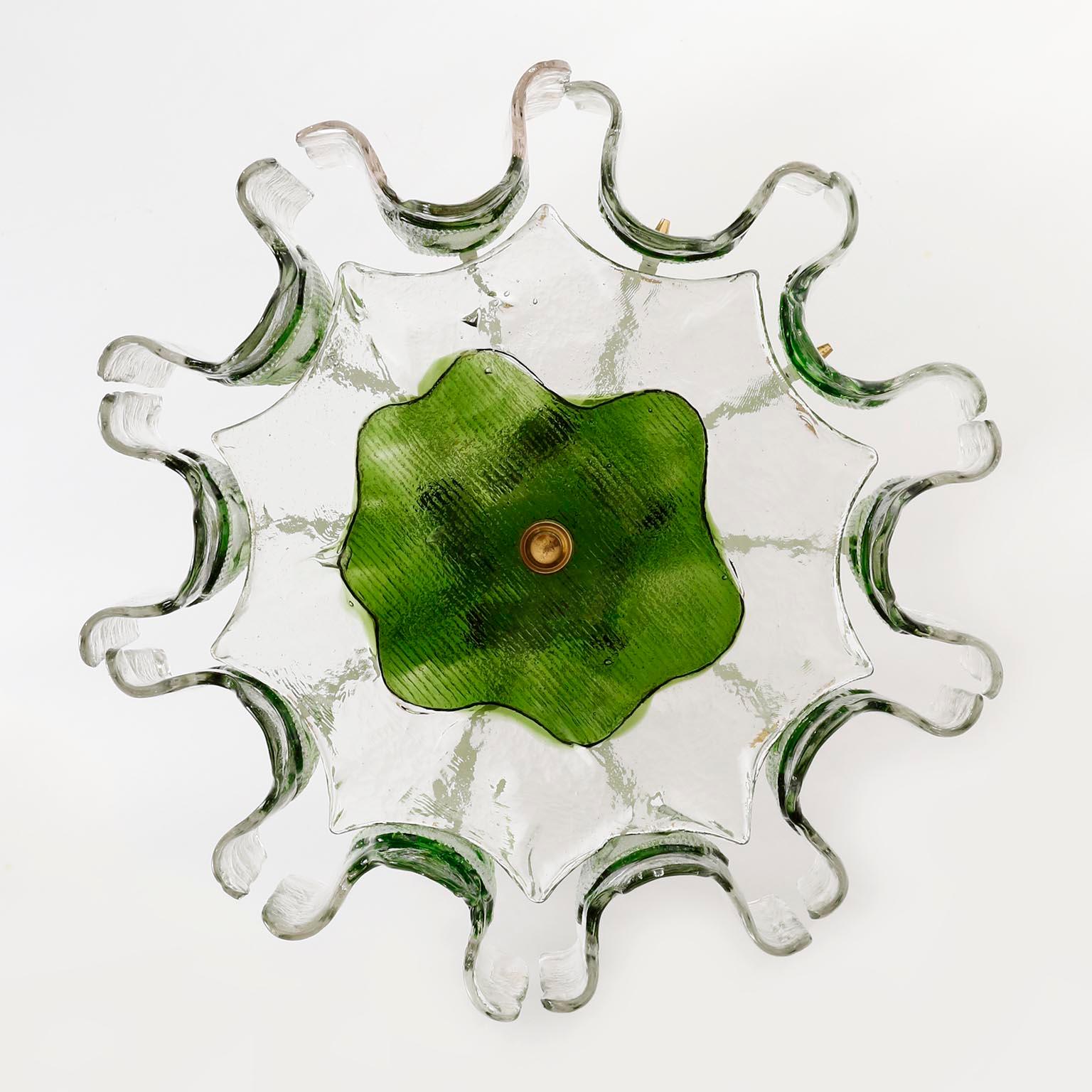 Kalmar Chandelier Pendant Light Fixture, Green Clear Murano Glass Brass, 1970s 2