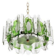 Vintage Kalmar Chandelier Pendant Light Fixture, Green Clear Murano Glass Brass, 1970s