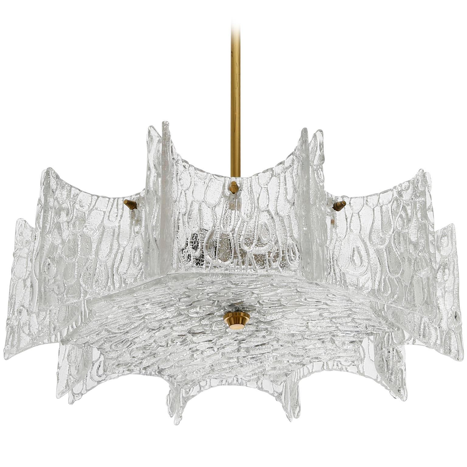 Kalmar Chandelier Pendant Light, Glass Brass, 1970