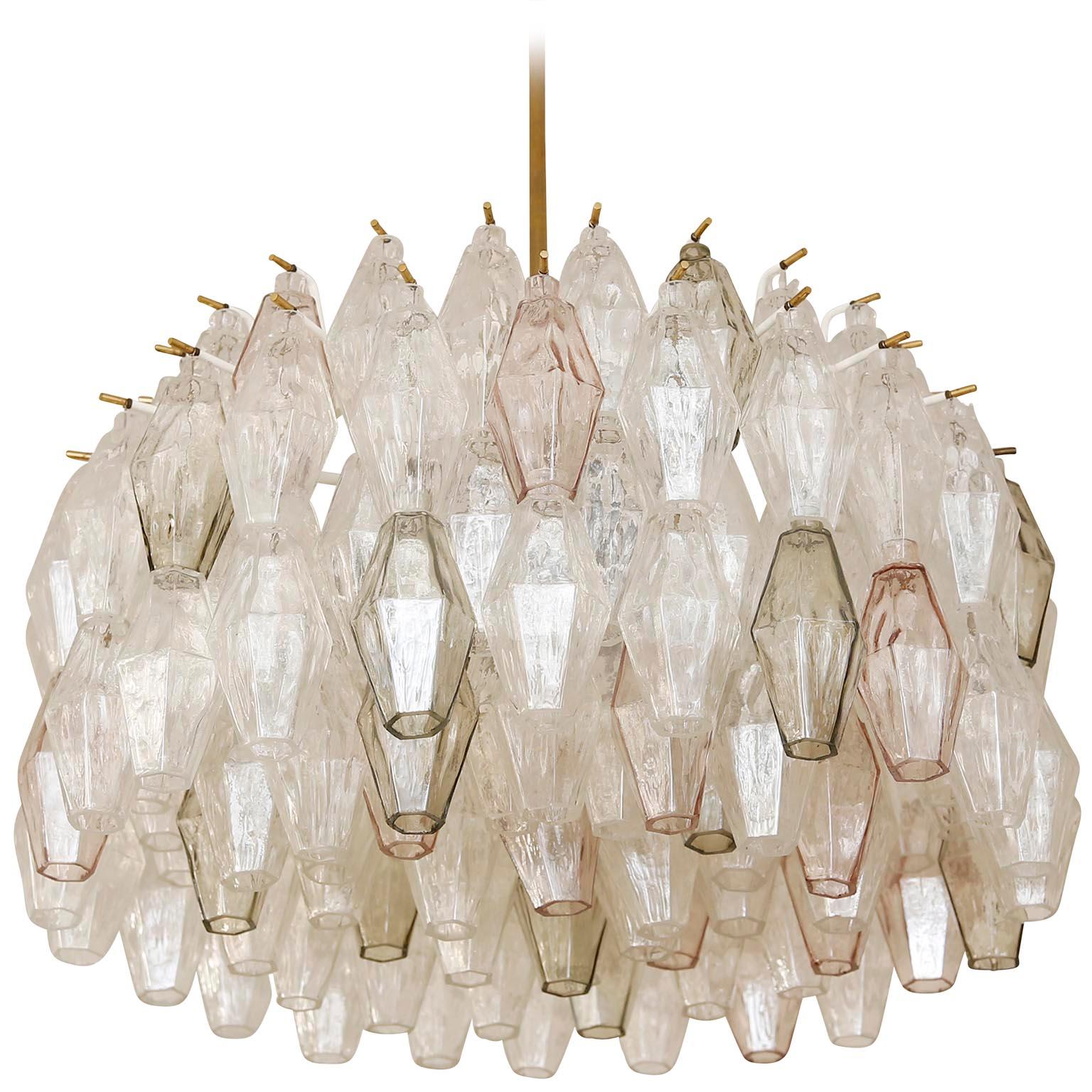 Austrian Kalmar Chandelier 'Polyeder', Brass Pink Smoked Clear Venini Murano Glass, 1960s