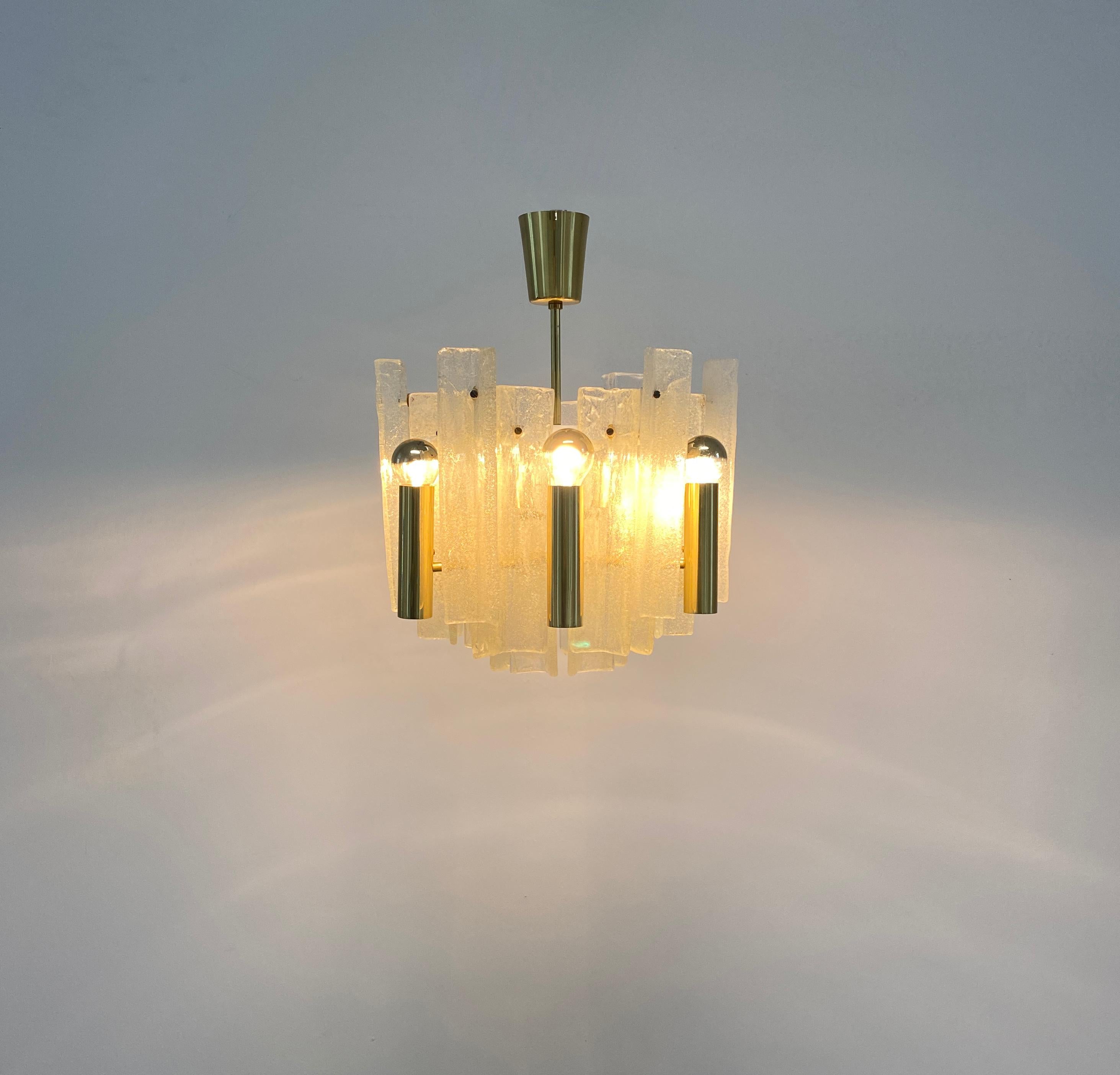 Mid-Century Modern Kalmar Chandelier Semi Flush Mounts Pair Lipizza Glass Lamps, Austria  For Sale
