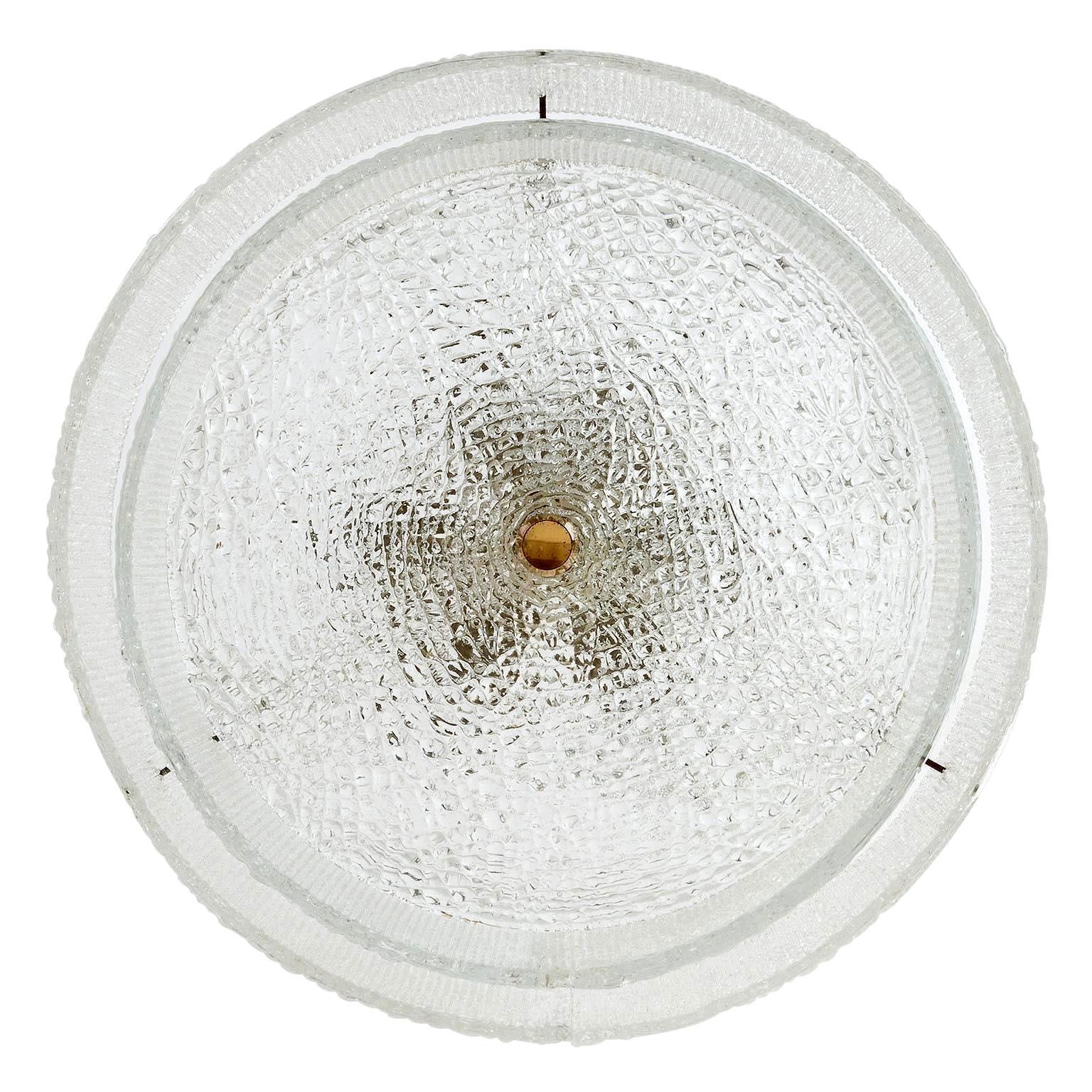 Enameled Kalmar Chandelier, Textured Glass and Brass, 1960 For Sale