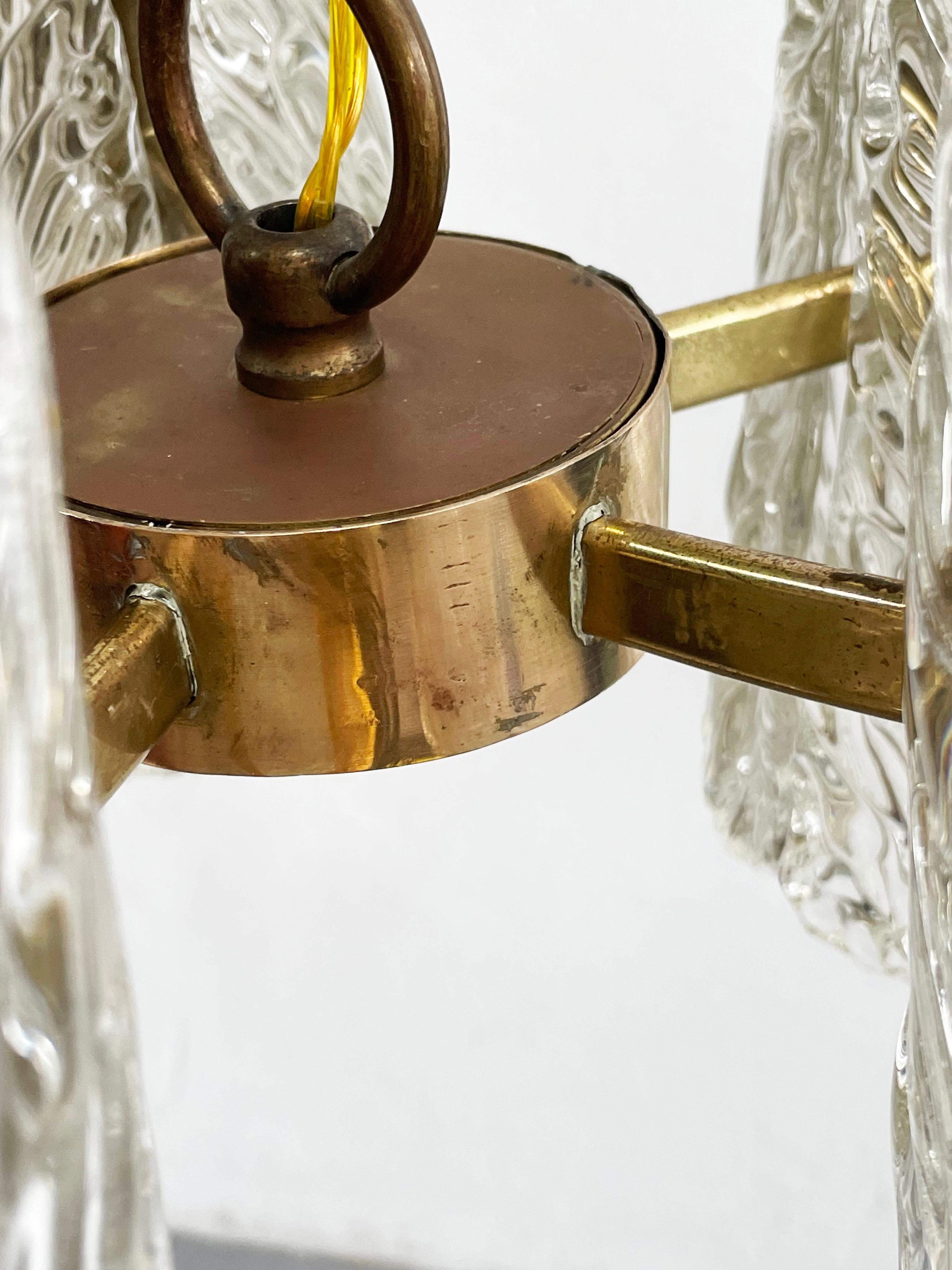 Austrian Kalmar Chandelier, Textured Glass and Brass, Austria, 1960 For Sale