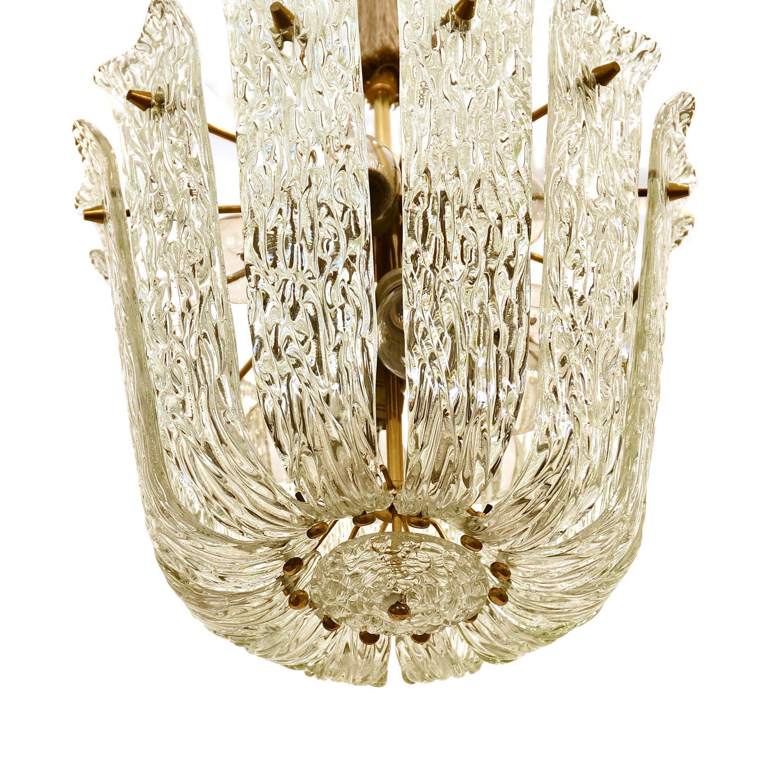 Austrian Kalmar Chandelier Vienna Curved and Textured Glass Brass Mid-Century Modern 1955