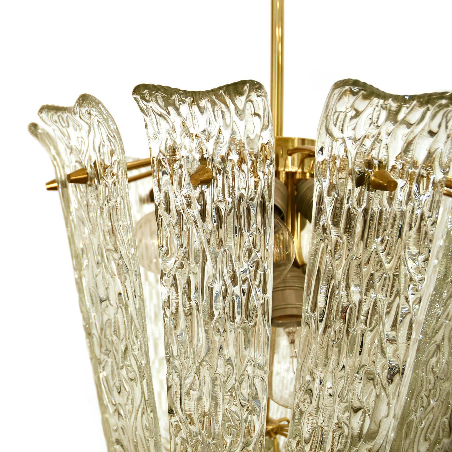 Kalmar Chandelier Vienna Curved and Textured Glass Brass Mid-Century Modern 1955 2