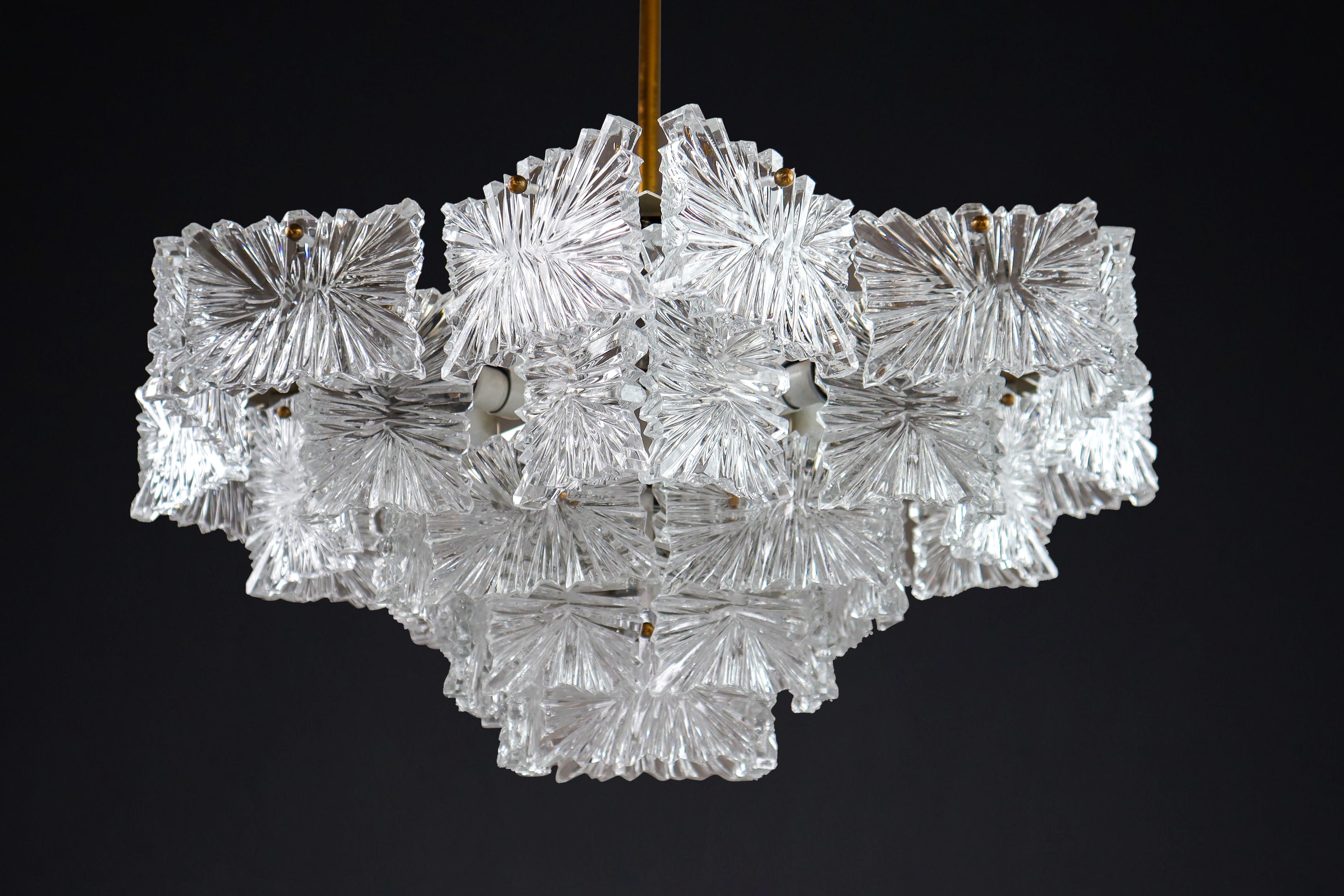 Metal Kalmar Chandeliers in Brass and Textured Glass Sheets, Austria, 1960s  For Sale