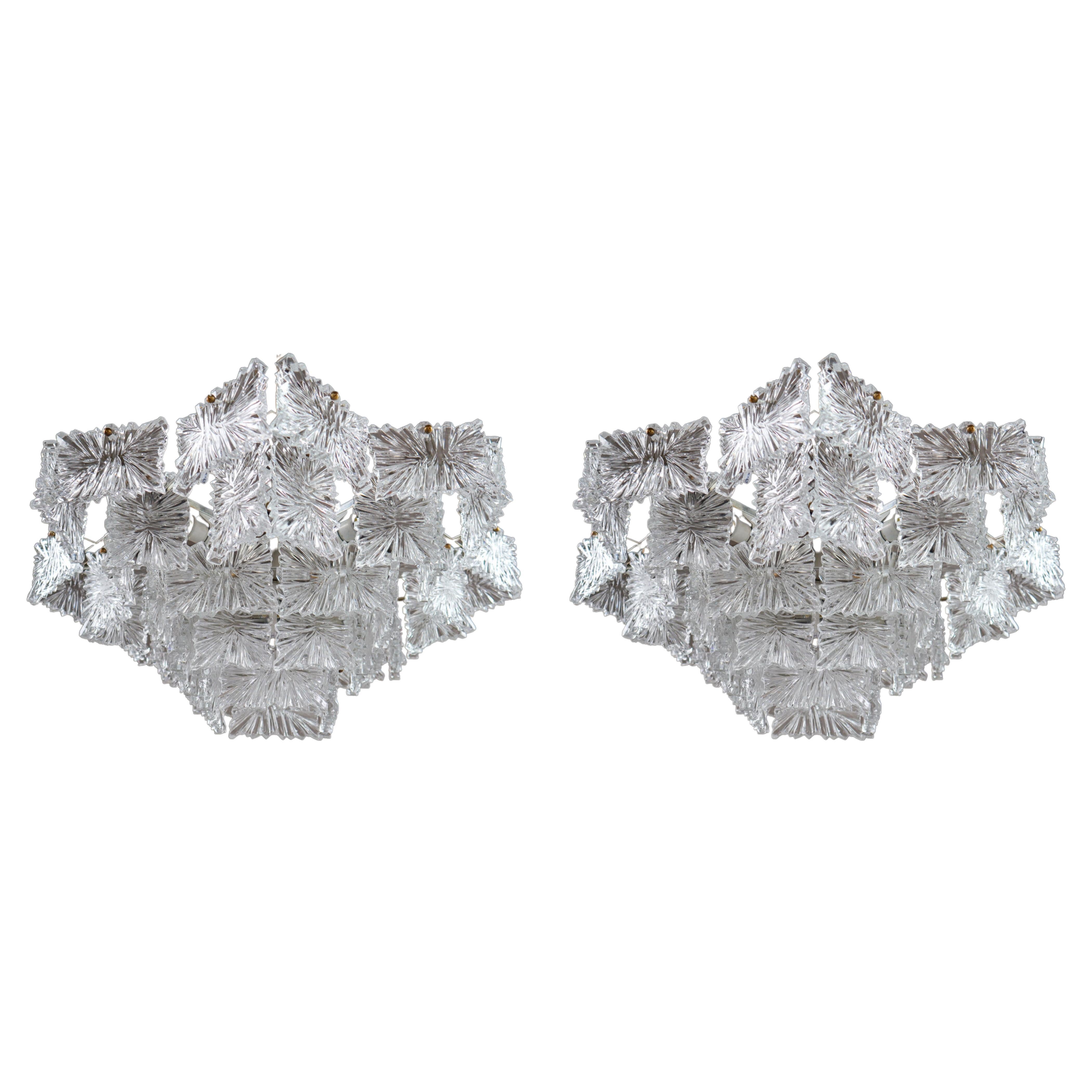 Kalmar Chandeliers in Brass and Textured Glass Sheets, Austria, 1960s