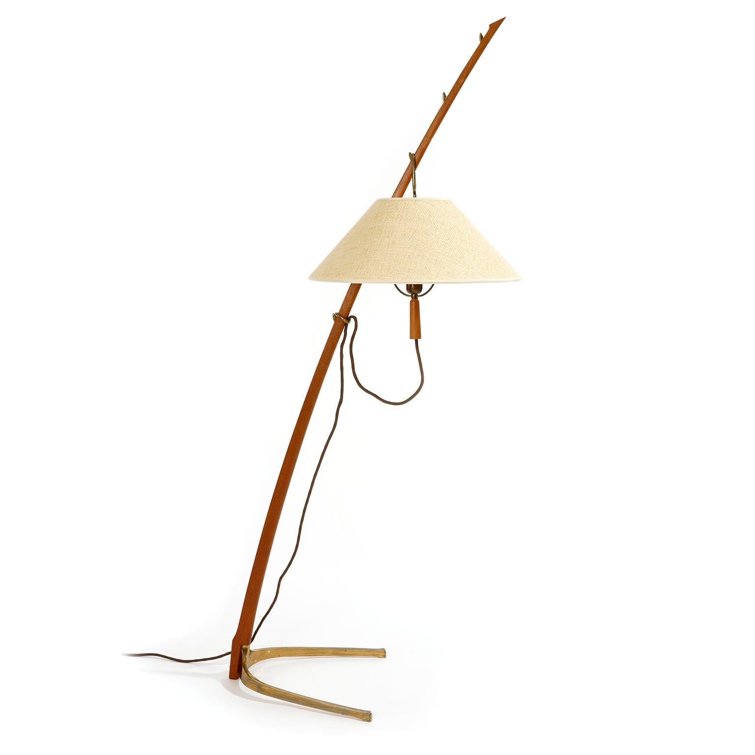 Mid-Century Modern Kalmar Floor Lamp 'Dornstab' No. 2076, Brass Wood Cane, 1960