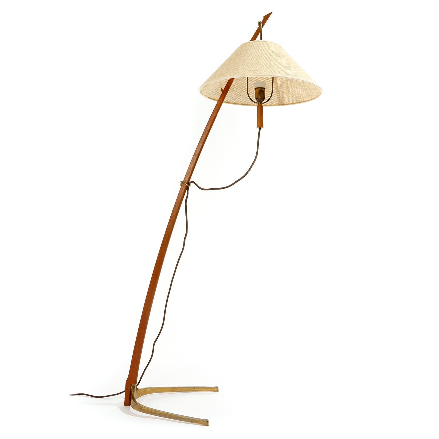 Patinated Kalmar Floor Lamp 'Dornstab' No. 2076, Brass Wood Cane, 1960