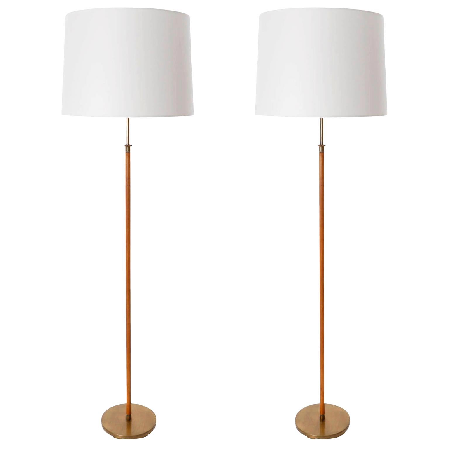 Kalmar Floor Lamps 'Telescope', Patinated Brass Leather, Height Adjustable, 1960