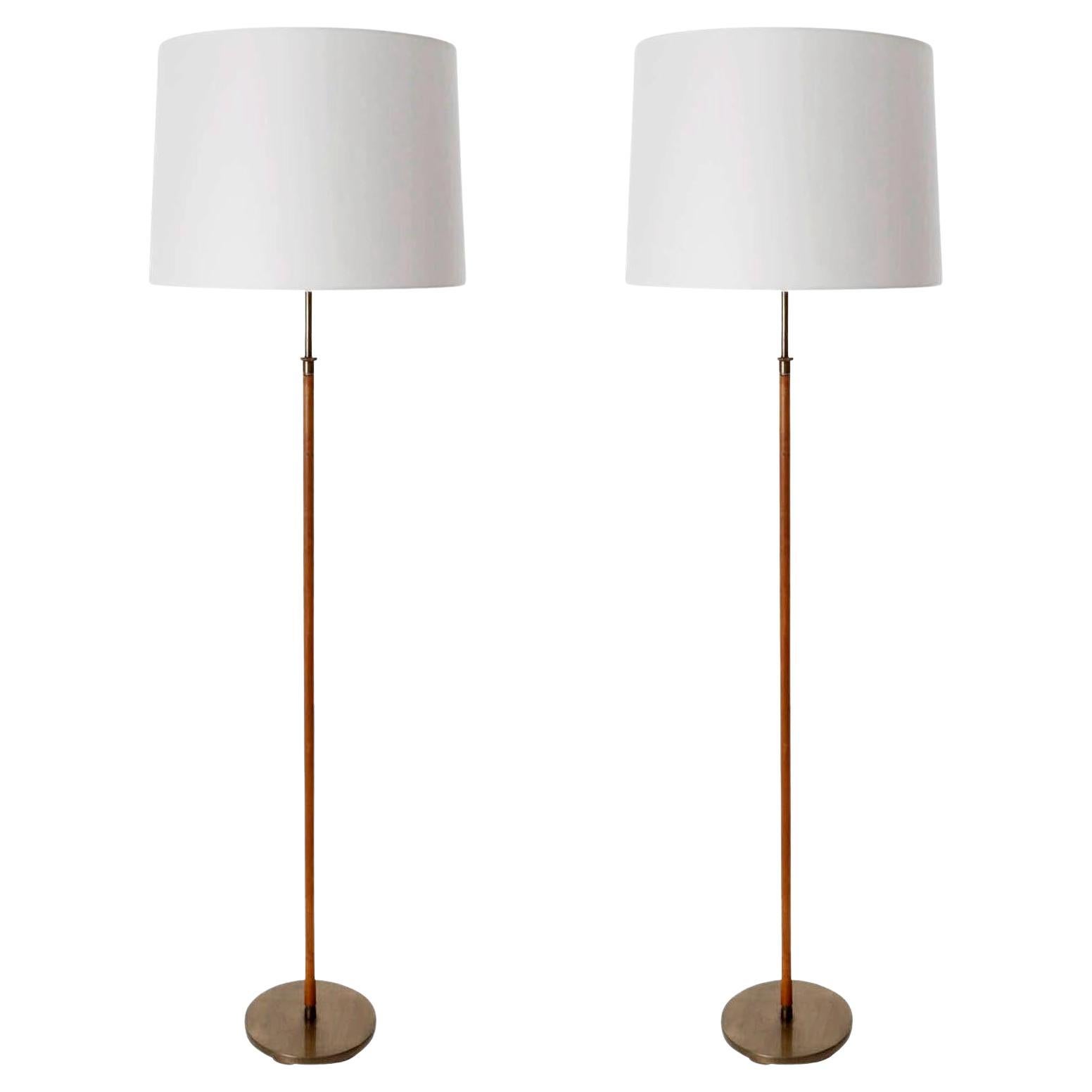 Kalmar Floor Lamps 'Telescope', Patinated Brass Leather, Height Adjustable, 1960 For Sale