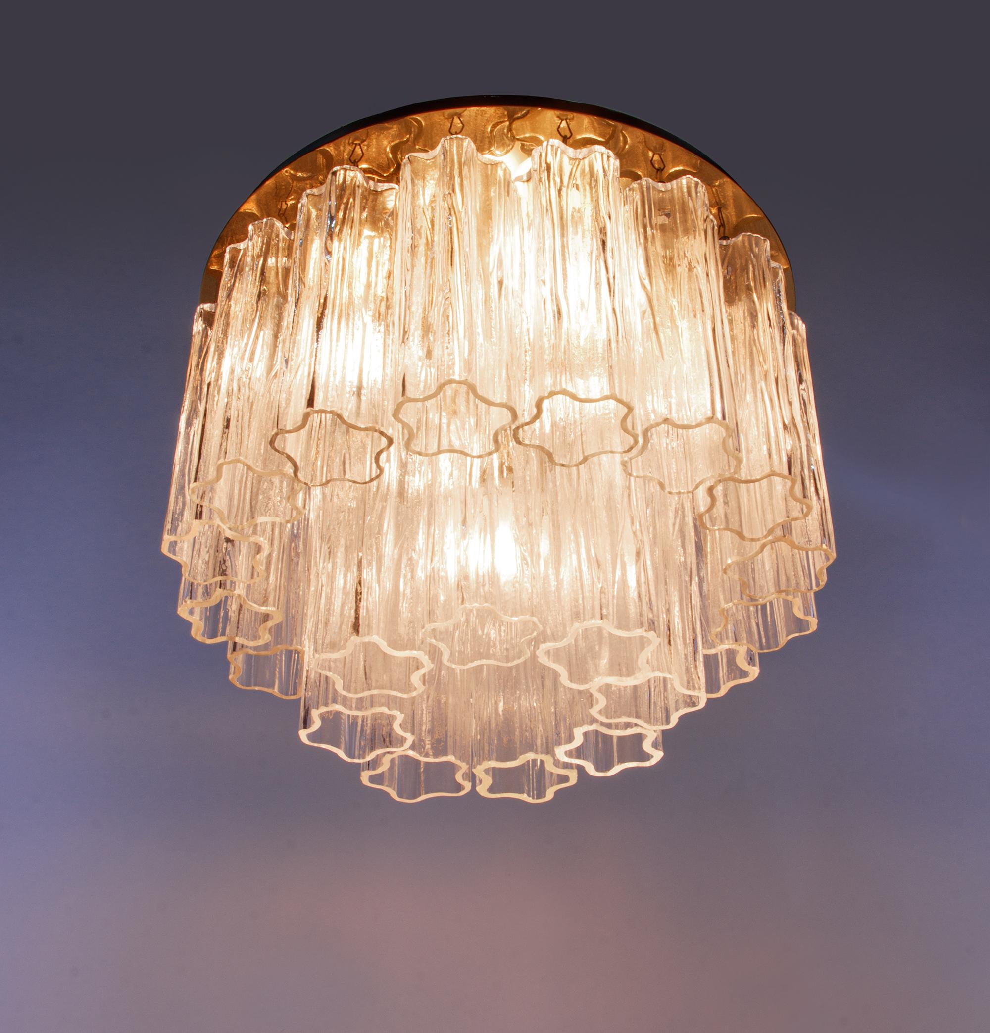 Mid-20th Century Kalmar Flush Mount Ceiling Light with Venini Tronchi Murano Glass & Brass, 1960s For Sale
