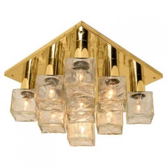 Kalmar Flush Mount Light or Sconce, Brass Ice Glass, 1970s