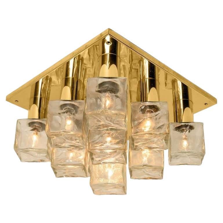 Kalmar Flush Mount Light or Sconce, Brass Ice Glass, 1970s