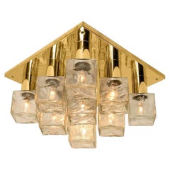 Kalmar Flush Mount Light or Sconce, Brass Ice Glass, 1970s